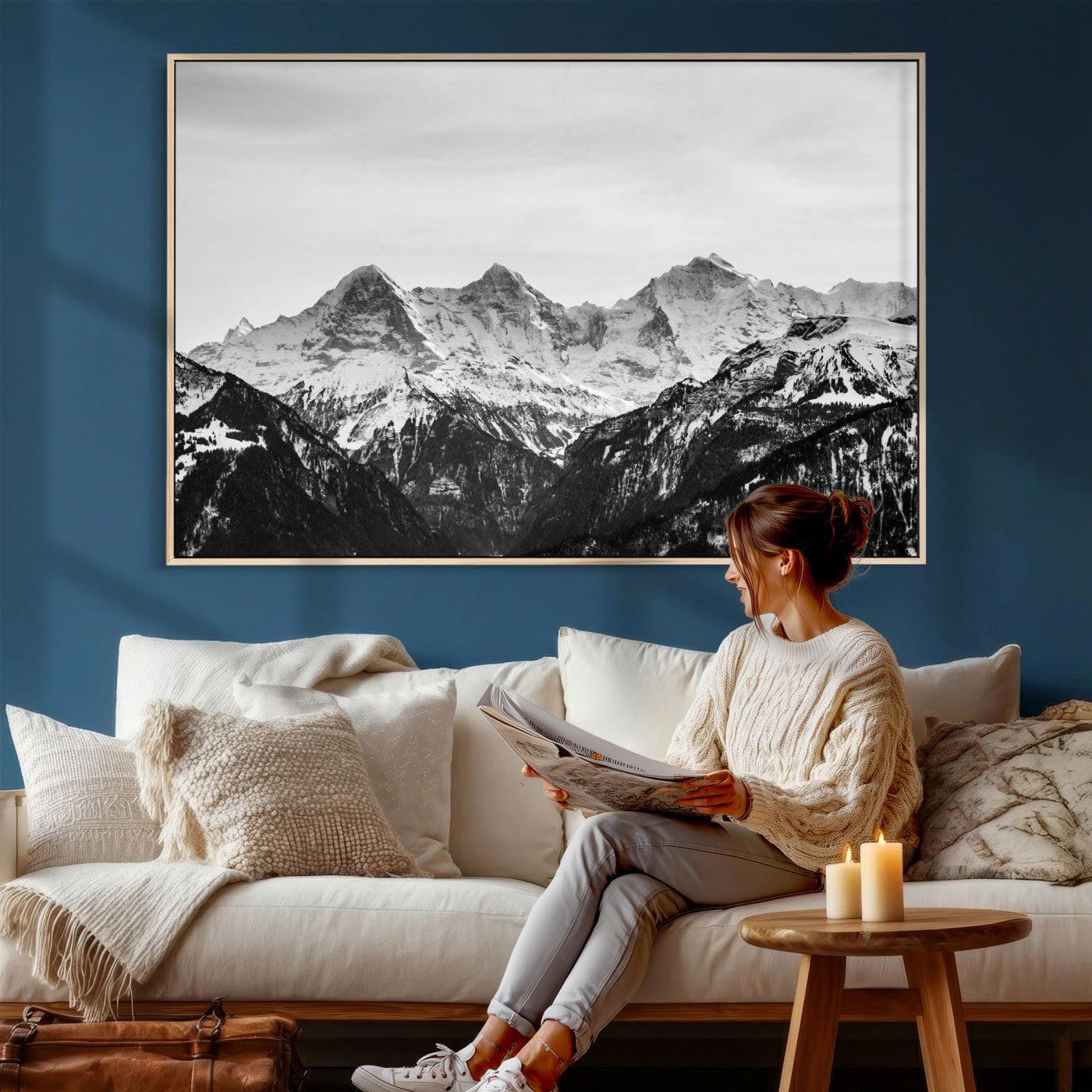 85684934-MGV-CV-36X24 - Black and White Mountain Wall Art Canvas Print, Snowy Alpine Peaks Landscape Photography, Minimal Monochrome Mountain Art, Scenic Nature Wall Decor