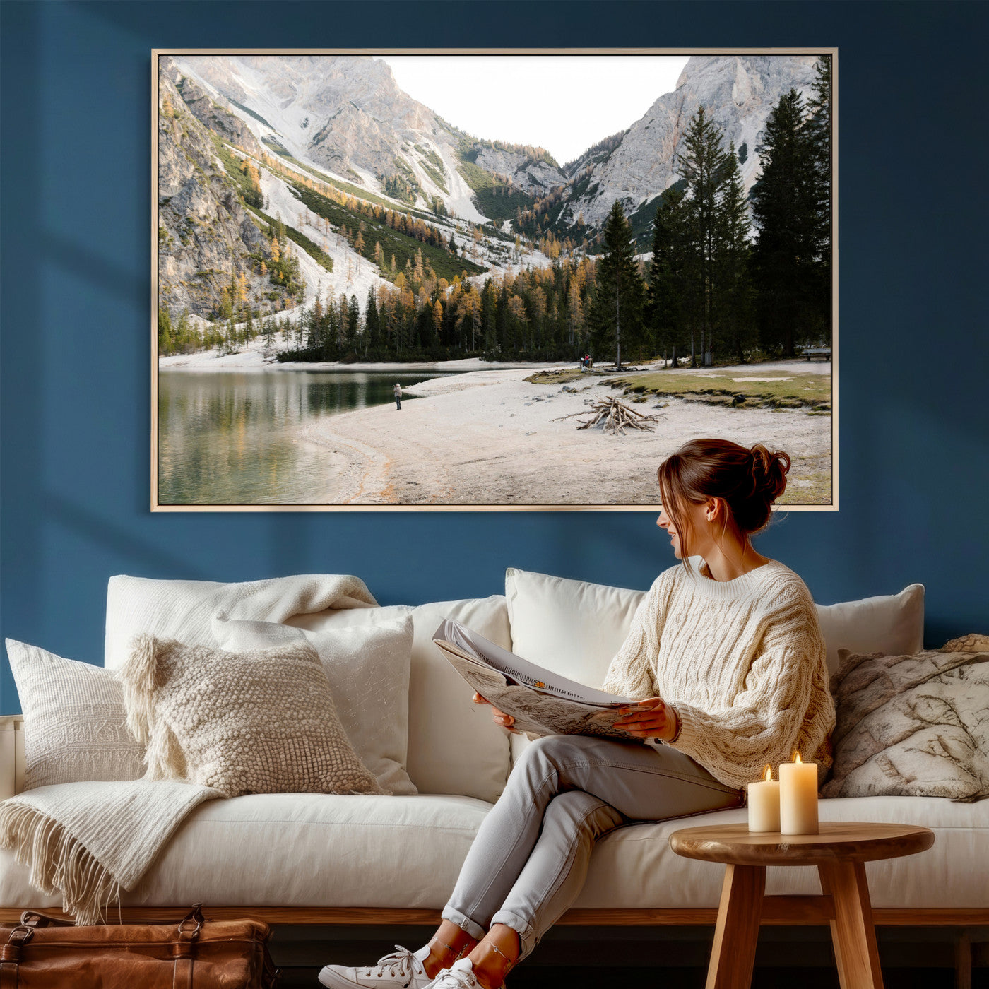 89246758-MGV-CV-36X24 - Lake Braies Alpine Landscape Wall Art Canvas Print, Dolomites Mountain Lake Forest Canvas Print, Italian Alps Scenic Nature Art Printing