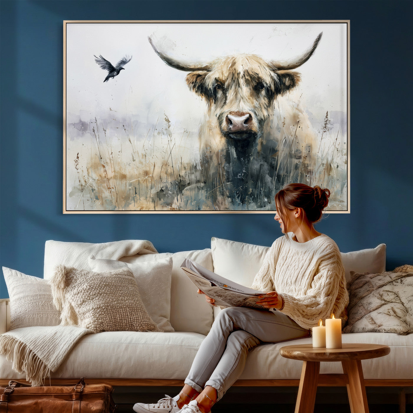 55652651-MGV-CV-36X24 - Abstract Highland Cow Watercolor Animal Wall Art Canvas Print, Rustic Farm Cattle Portrait Canvas Print, Neutral Wildlife Farmhouse Art Printing