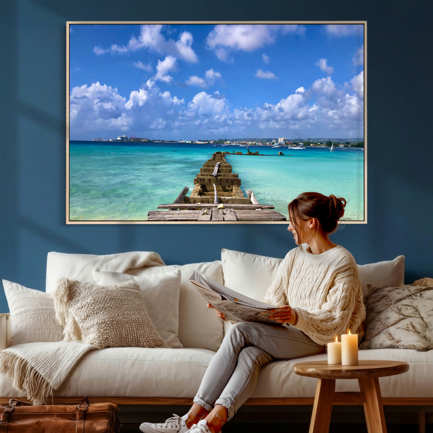 43165024-MGV-CV-36X24 - Caribbean Ocean Pier Seascape Wall Art Canvas Print, Turquoise Sea Tropical Harbor Canvas Print, Island Coastal Blue Water Scenic Art Printing