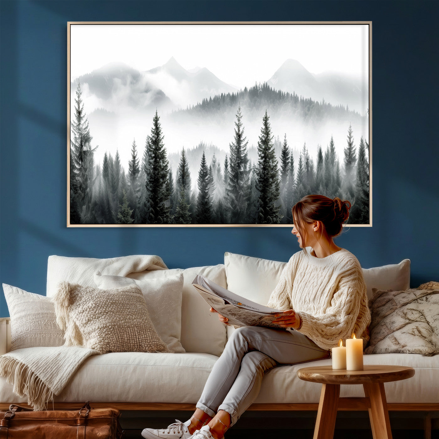 38819032-MGV-CV-36X24 - Misty Pine Forest Mountain Landscape Wall Art Canvas Print, Foggy Evergreen Trees Minimal Nature Canvas Print, Monochrome Wilderness Scenic Art Printing