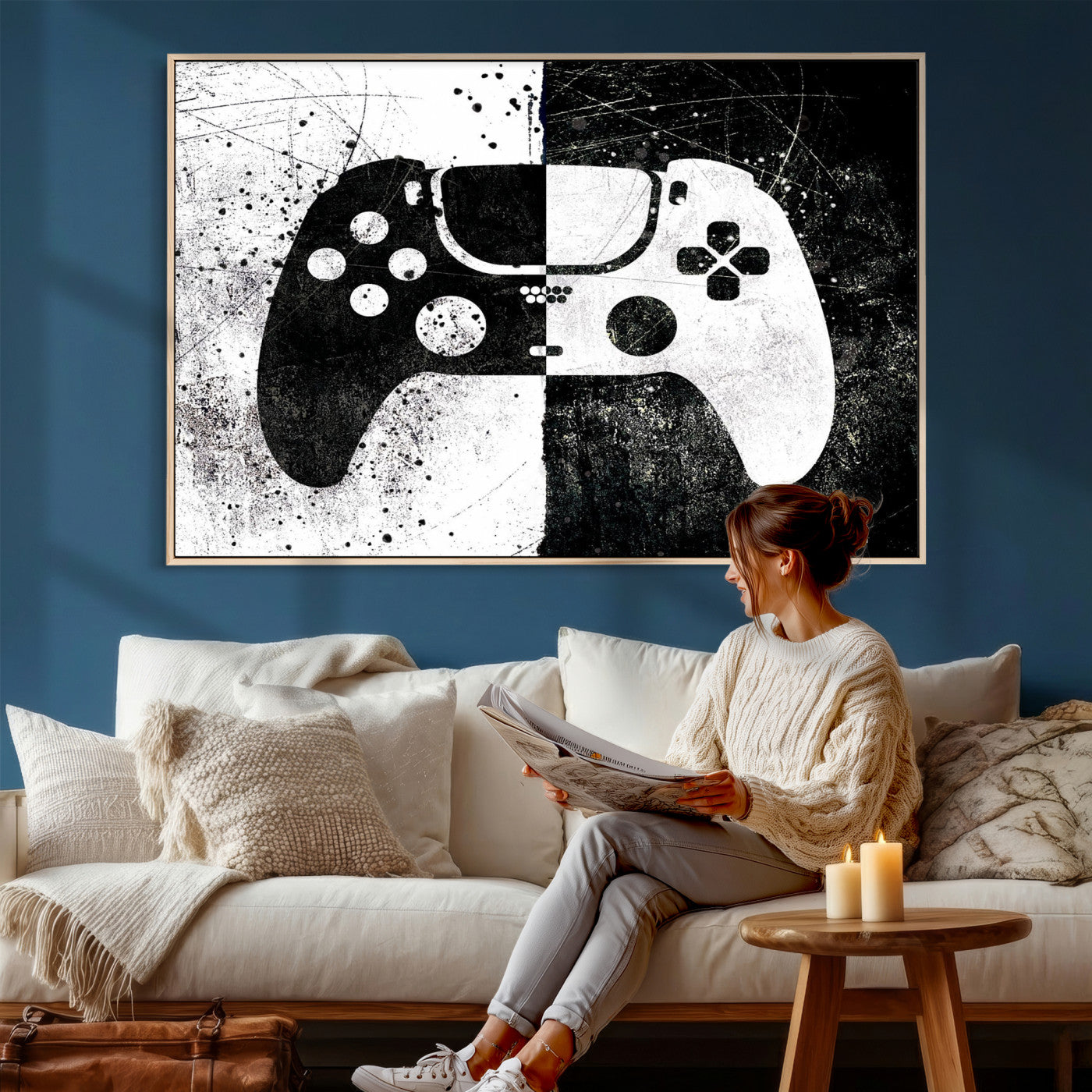 17525128-MGV-CV-36X24 - Abstract Gaming Controller Wall Art Canvas Print, Black White Video Game Controller Modern Canvas Print, Minimal Gamer Graphic Art Printing