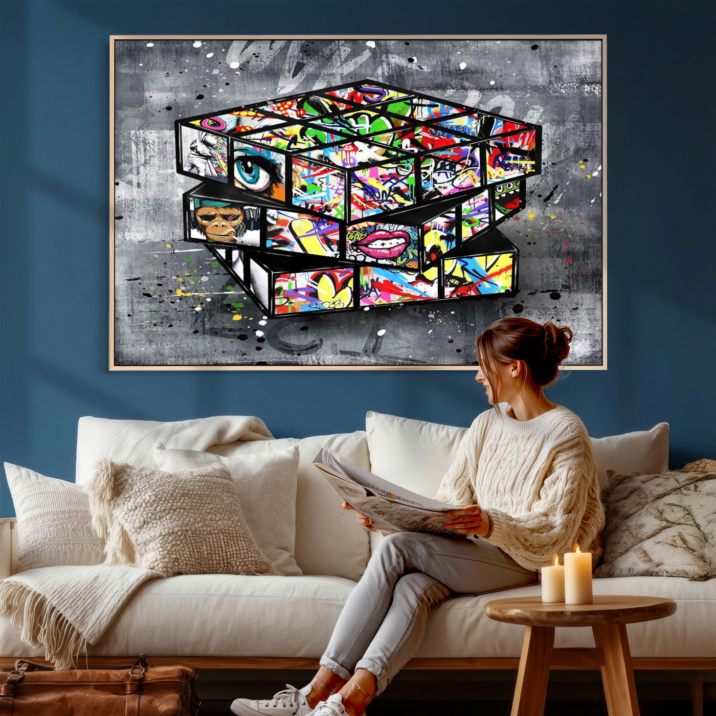 46789556-MGV-CV-36X24 - Graffiti Cube Abstract Street Art Wall Art Canvas Print, Colorful Urban Pop Art Geometric Canvas Print, Modern Street Art Contemporary Art Printing