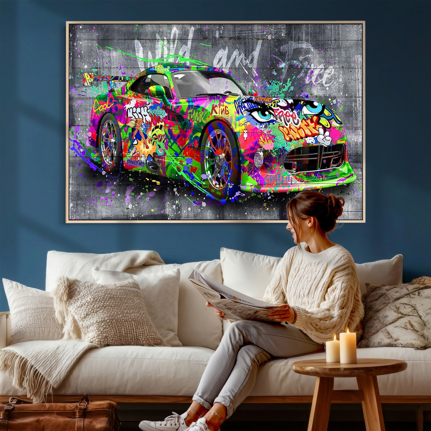 95314968-MGV-CV-36X24 - Graffiti Sports Car Street Art Wall Art Canvas Print, Colorful Urban Supercar Pop Art Canvas Print, Modern Graffiti Car Contemporary Art Printing