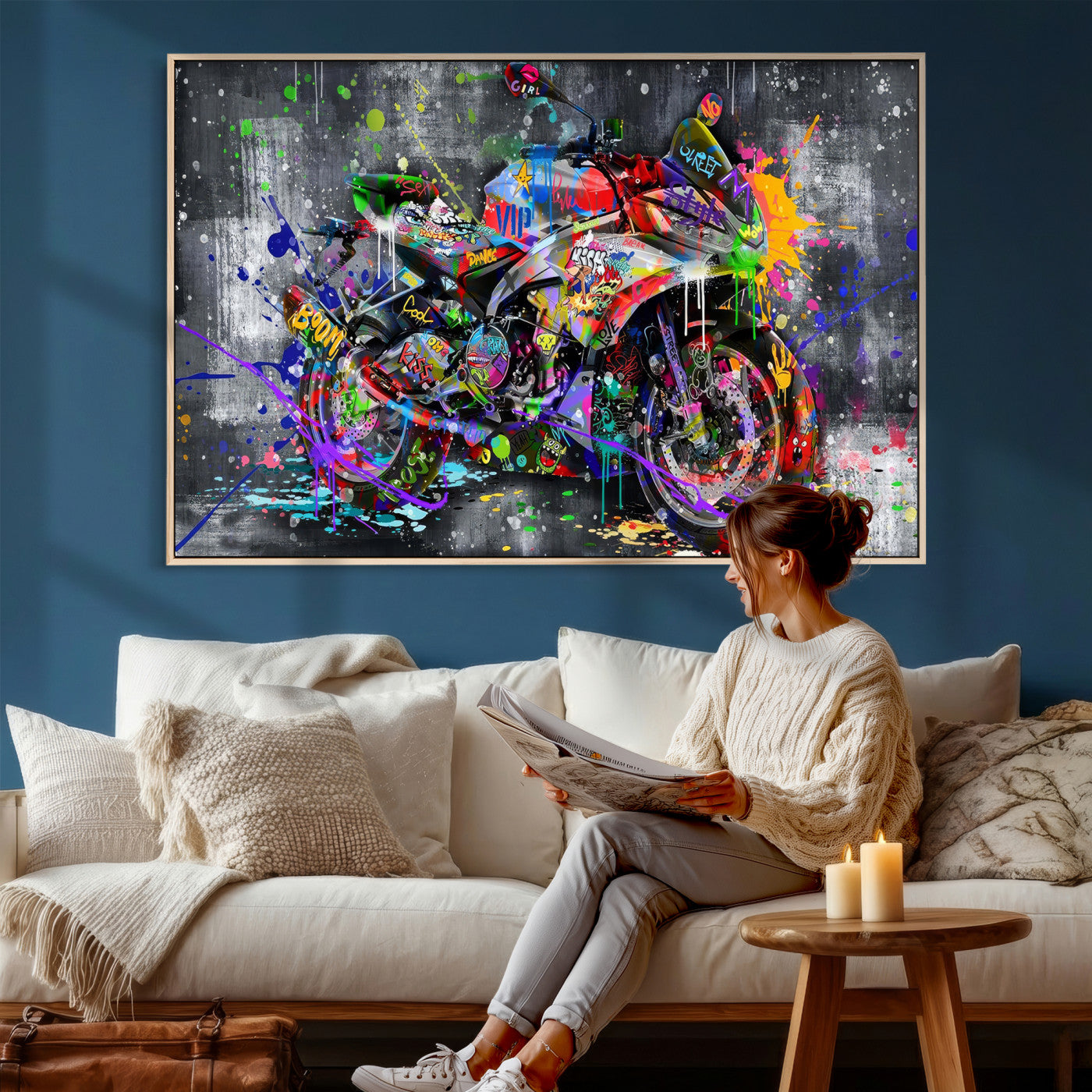 83021767-MGV-CV-36X24 - Graffiti Motorcycle Wall Art Canvas Print, Urban Street Art Motorbike Decor, Colorful Graffiti Sports Bike Artwork