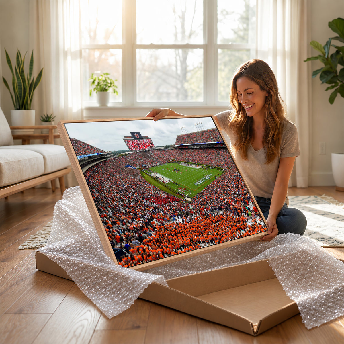 82562490-MGV-CV-36X24 - Auburn Stadium Sunset Wall Art Canvas Print, Jordan Hare Stadium Game Day Crowd, Auburn Tigers Football Artwork