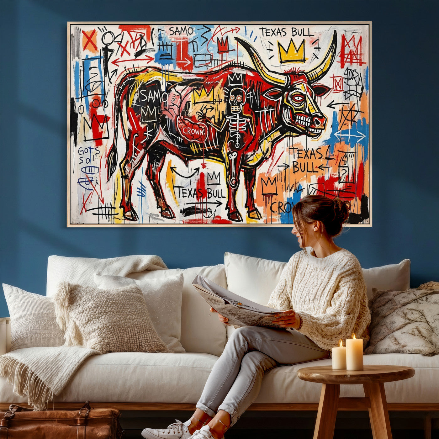 89504579-MGV-CV-36X24 - TITLE: Texas Bull Wall Art Canvas Print, Abstract Graffiti Bull Painting, Western Animal Art, Modern Ranch Decor