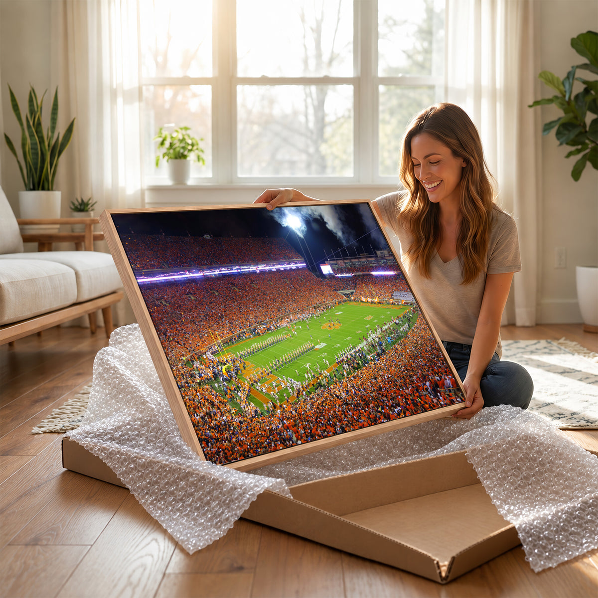 43662631-MGV-CV-36X24 - Clemson Football Stadium Wall Art Canvas Print, College Football Crowd Night Game Scene, Orange Stadium Panorama Wall Decor