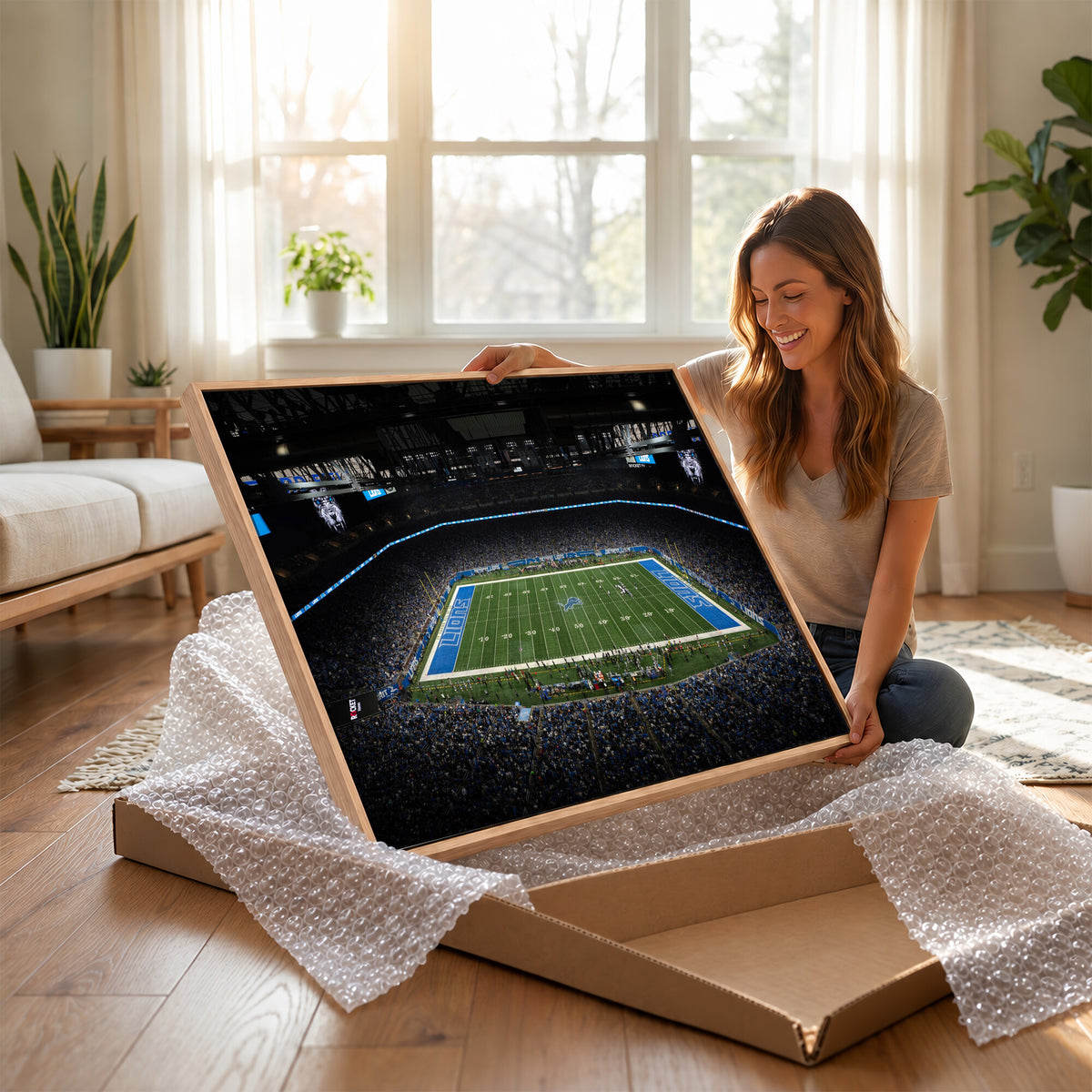 16709602-MGV-CV-36X24 - Detroit Lions Stadium Wall Art Canvas Print, Football Field Panorama