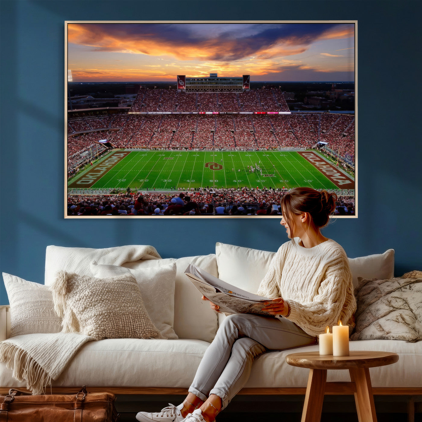 51457497-MGV-CV-36X24 - Oklahoma Sooners Stadium Wall Art Canvas Print, College Football Sunset Game Scene, OU Football Field Panorama Wall Decor