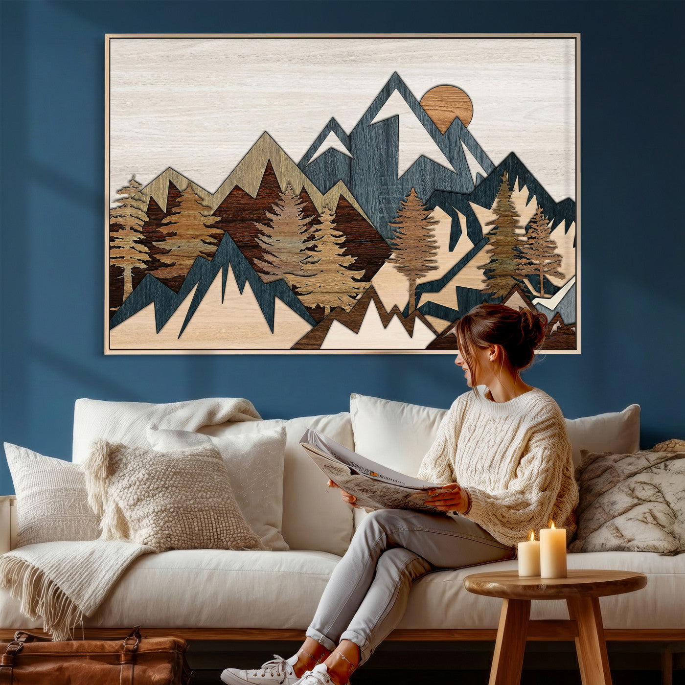 61833055-MGV-CV-36X24 - Mountain Forest Wall Art Canvas Print, Layered Wood Landscape Artwork, Rustic Nature Wall Decor for Living Room