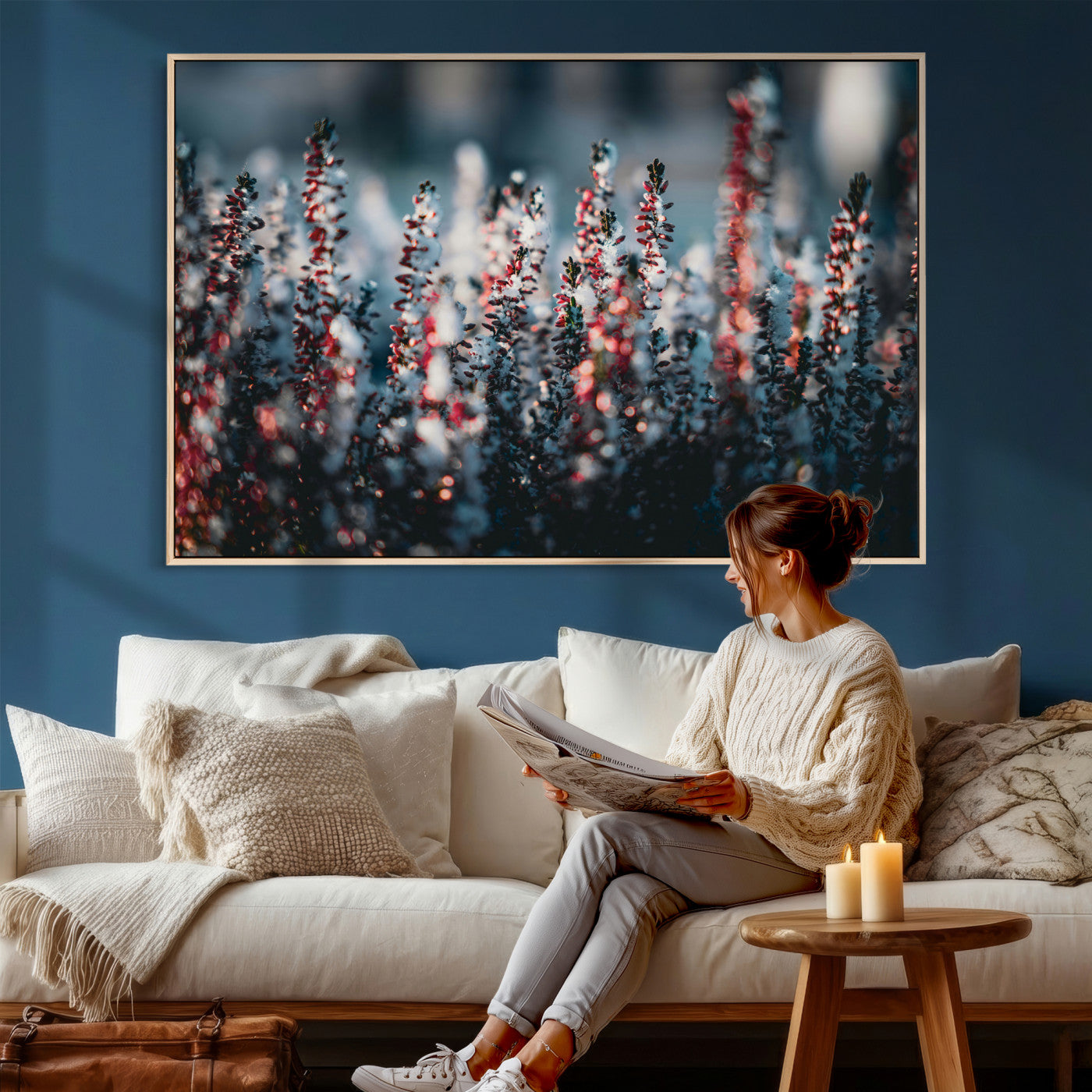 82063935-MGV-CV-36X24 - Winter Heather Wall Art Canvas Print, Frosted Floral Nature Art, Moody Botanical Wall Decor