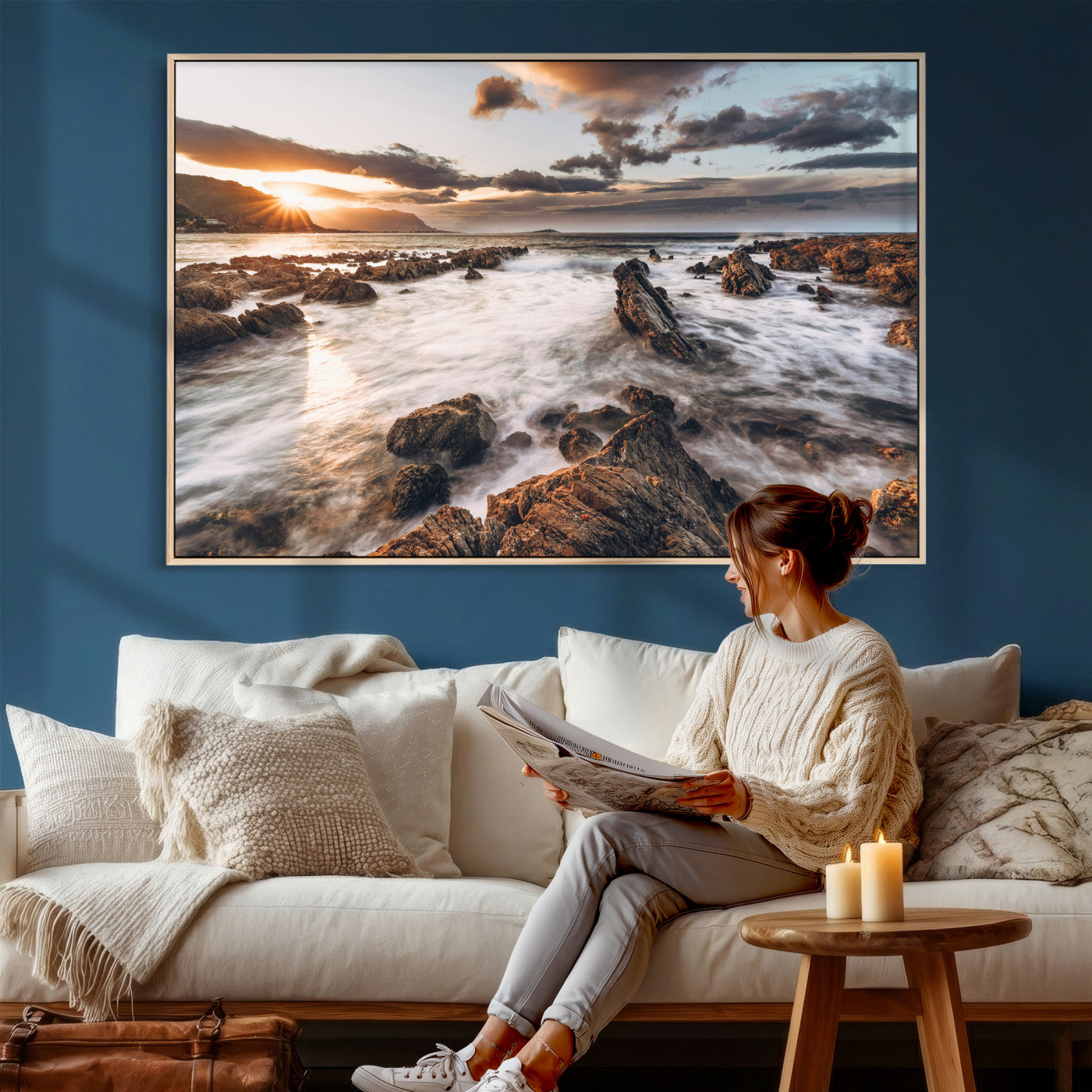 66746024-MGV-CV-36X24 - Rocky Coast Ocean Sunset Wall Art Canvas Print, Dramatic Seascape Nature Wall Decor for Living Room and Office
