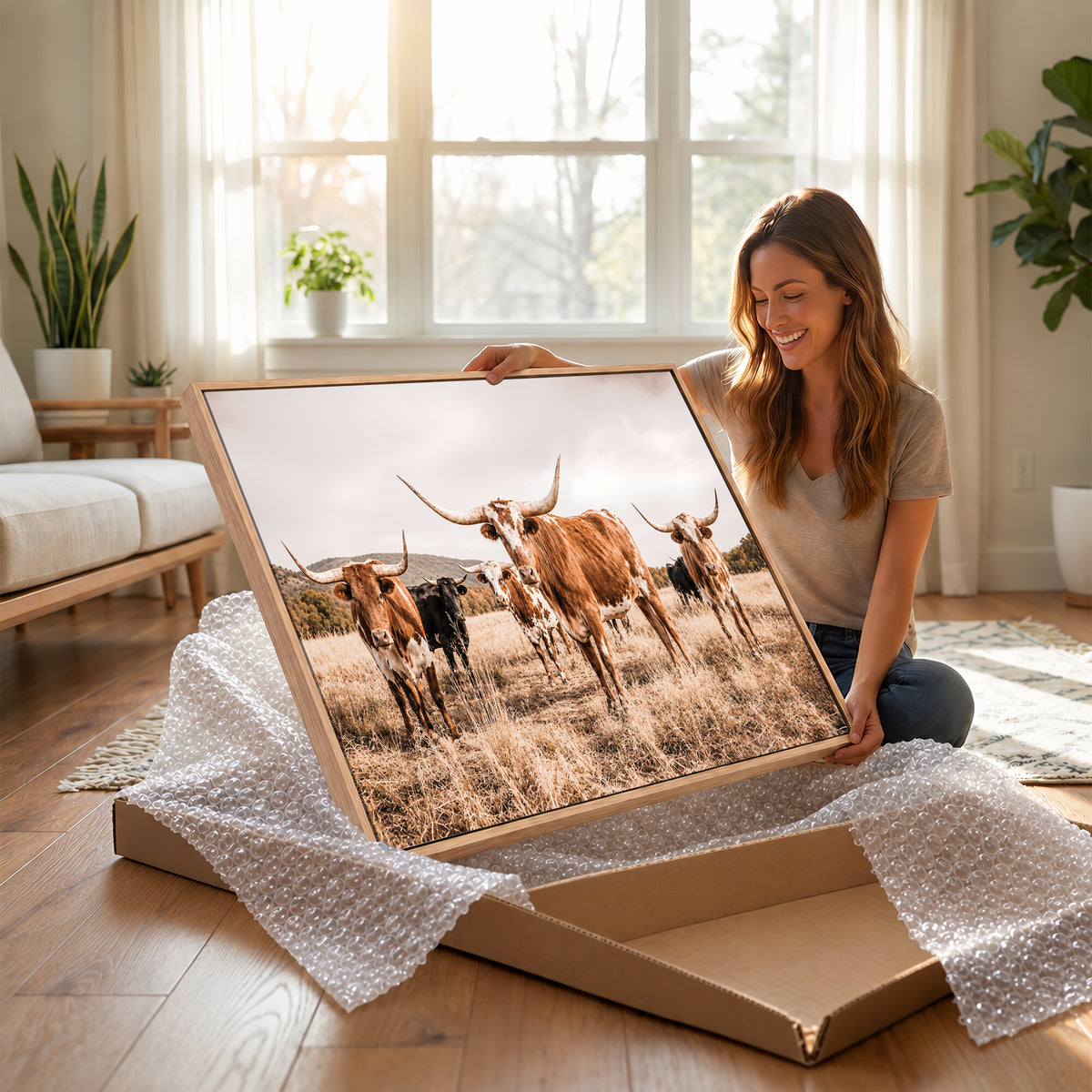 27539727-MGV-CV-36X24 - Texas Longhorn Cattle Wall Art Canvas Print, Sepia Western Decor