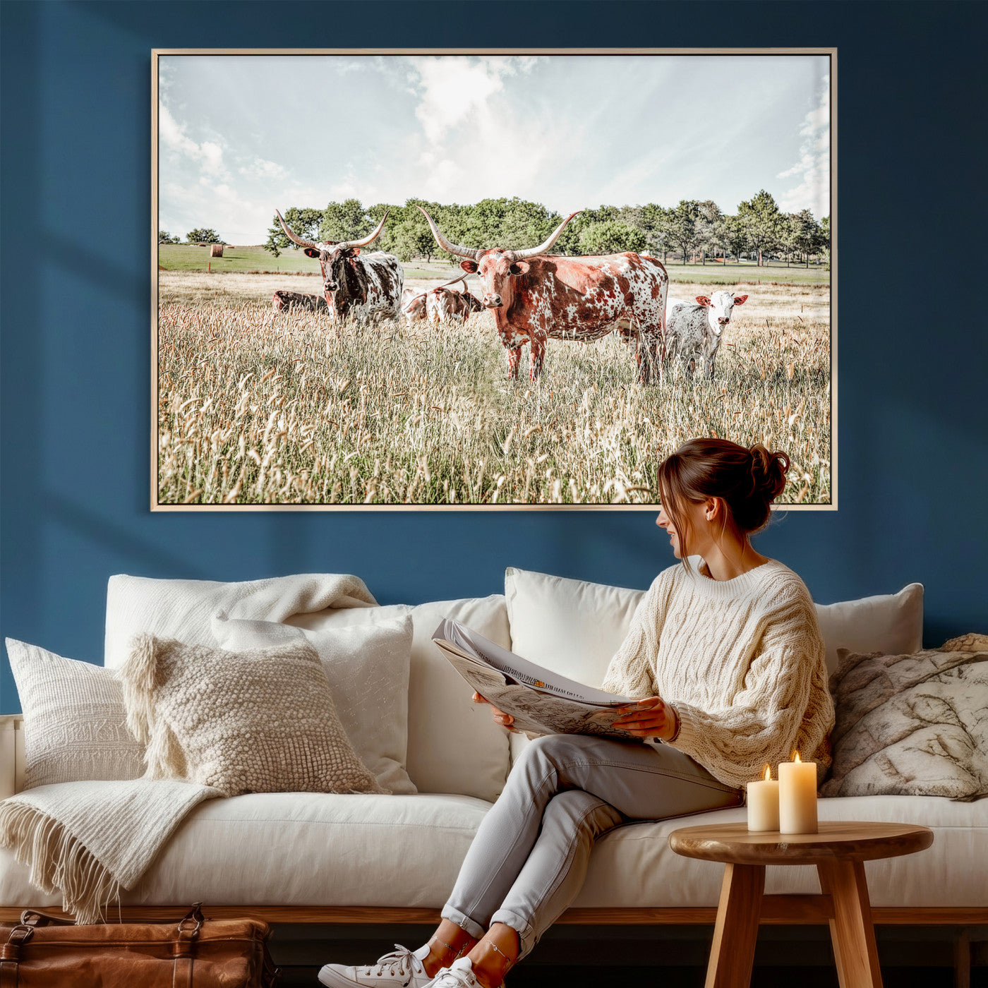 21823552-MGV-CV-36X24 - Texas Longhorn Cattle Wall Art Canvas Print, Rustic Ranch Landscape Artwork, Western Farm Field Scene, Country Prairie Animal Canvas Wall Art