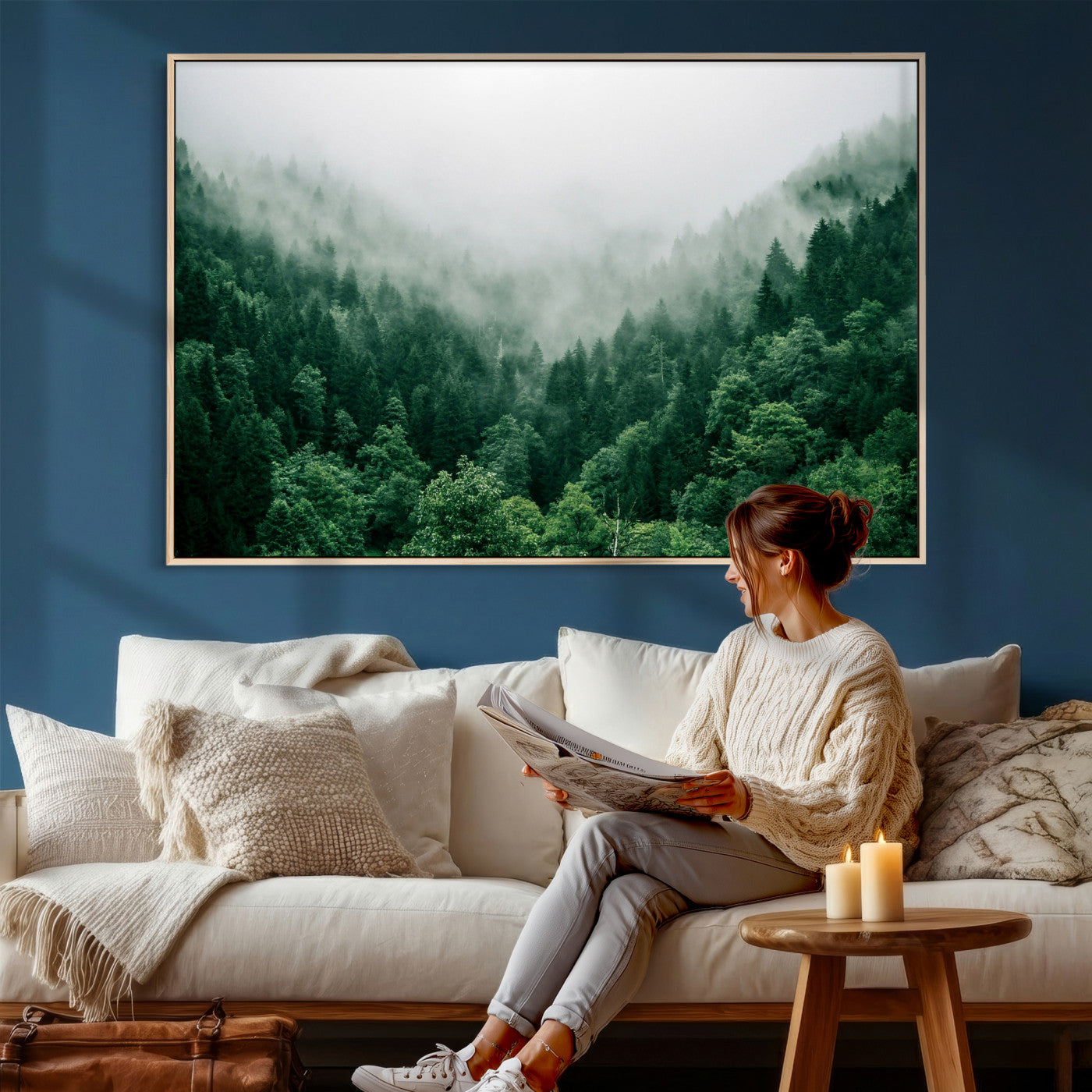 61640815-MGV-CV-36X24 - Misty Pine Forest Wall Art Canvas Print, Foggy Evergreen Landscape Wall Decor, Moody Green Nature Artwork, Minimal Forest Canvas Wall Art, Framed Canvas Wall Art Ready to Hang