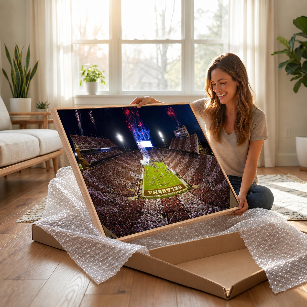 43197777-MGV-CV-36X24 - Oklahoma Memorial Stadium Wall Art Canvas Print – Oklahoma Sooners Football Artwork for Home, Office, and Sports Room Decor