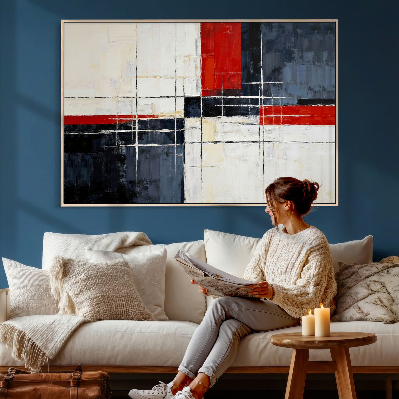 11921181-MGV-CV-36X24 - Navy Red Abstract Wall Art Canvas Print, Modern Luxury Geometric Painting Wall Decor for Living Room and Office