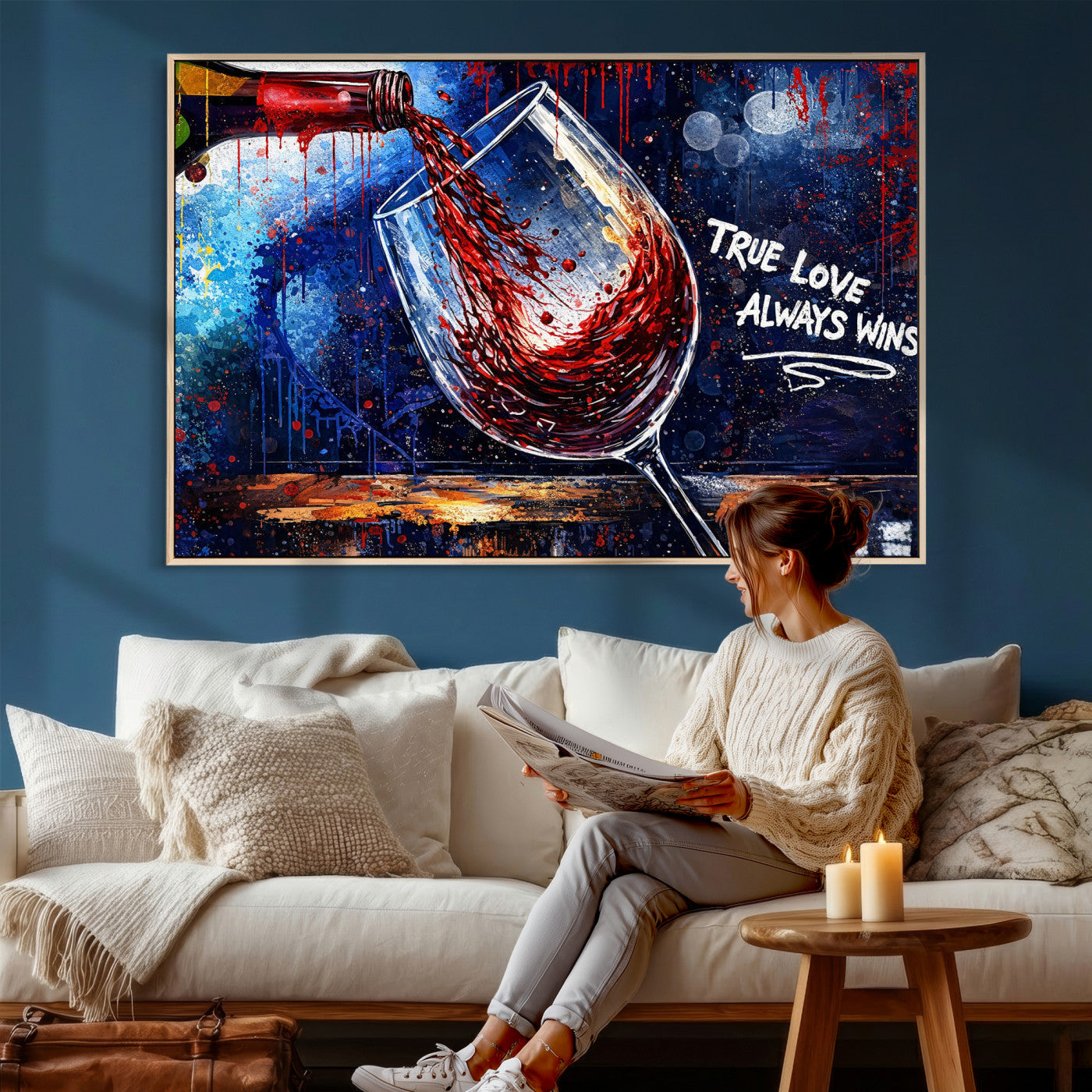 88788932-MGV-CV-36X24 - Red Wine Splash Abstract Wall Art Canvas Print, Modern Wine Glass Painting Canvas Print, Romantic Quote Contemporary Bar Art Print
