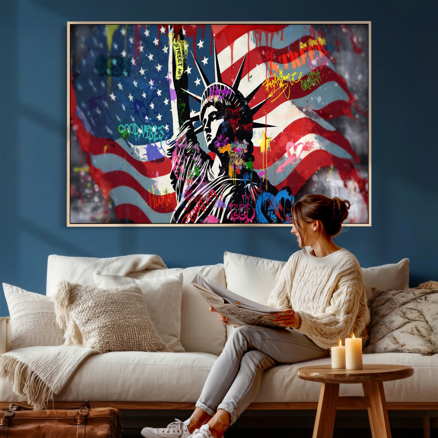 32151941-MGV-CV-36X24 - USA Statue of Liberty Graffiti Street Art Wall Art Canvas Print, American Flag Urban Pop Art Canvas Print, Modern Patriotic Street Art Contemporary Art Printing