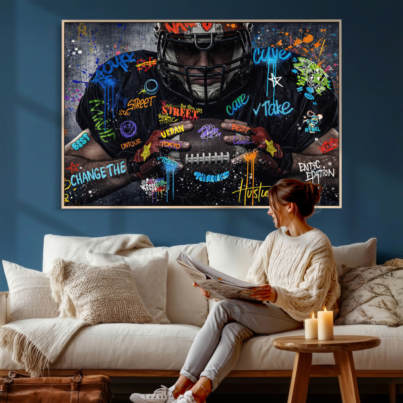 55267256-MGV-CV-36X24 - Graffiti American Football Player Street Art Wall Art Canvas Print, Urban Sports Pop Art Football Canvas Print, Modern Athletic Graffiti Contemporary Art Printing
