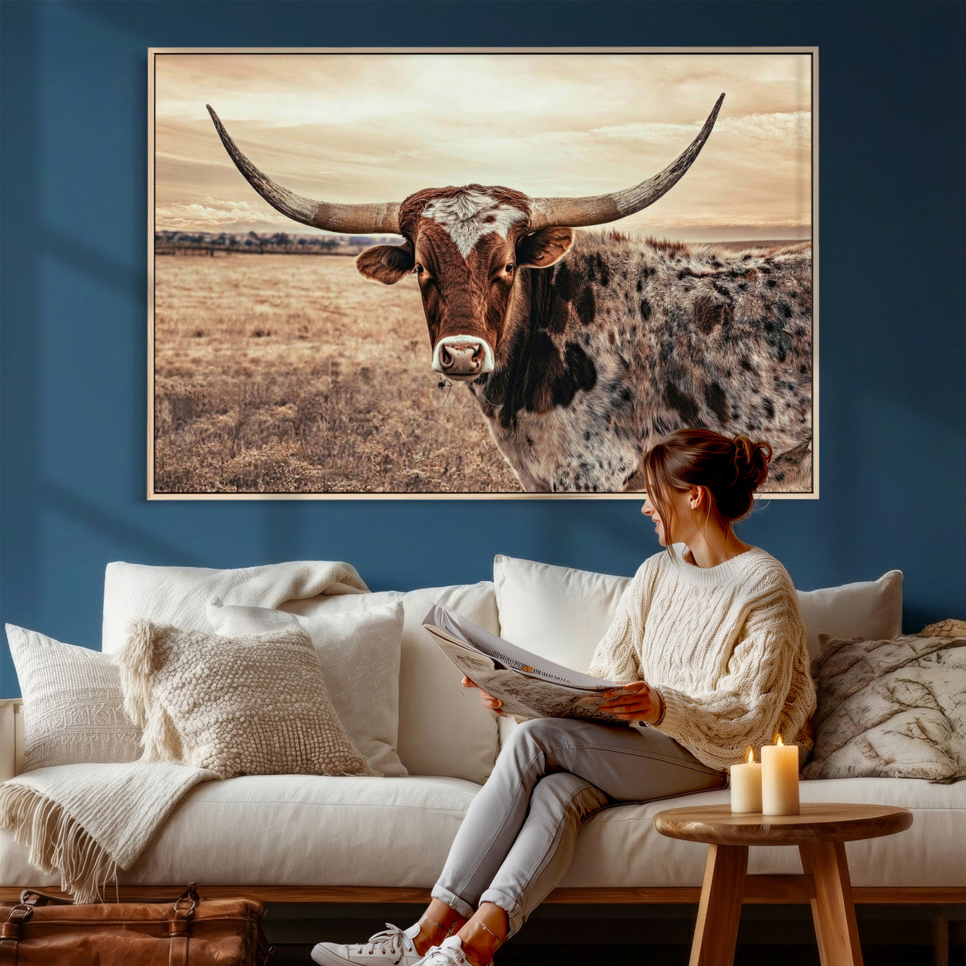 55805825-MGV-CV-36X24 - Texas Longhorn Wall Art Canvas Print – Western Cattle Ranch Artwork for Rustic Farmhouse Decor