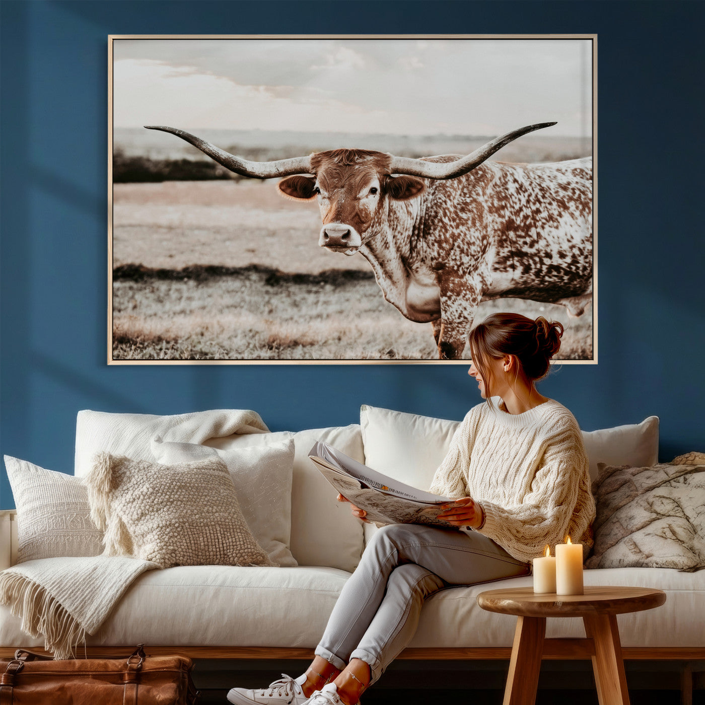 73897046-MGV-CV-36X24 - Texas Longhorn Bull Rustic Wall Art Canvas Print, Western Cattle Photography Canvas Print, Ranch Farm Animal Western Art Printing