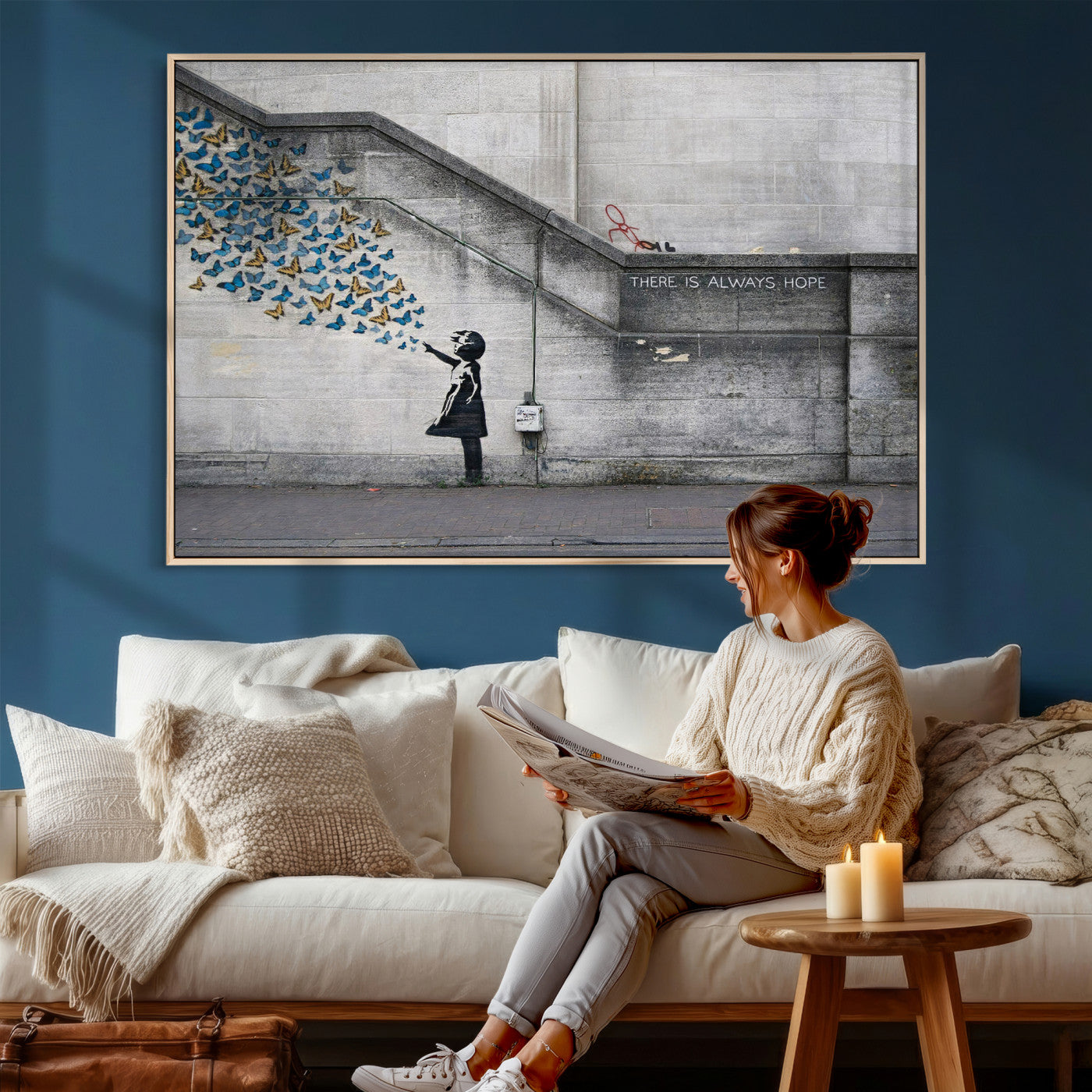 15274223-MGV-CV-36X24 - Banksy Girl with Butterflies Street Art Wall Art Canvas Print, Hope Graffiti Urban Art Canvas Print, Minimalist Inspirational Street Art Contemporary Art Printing