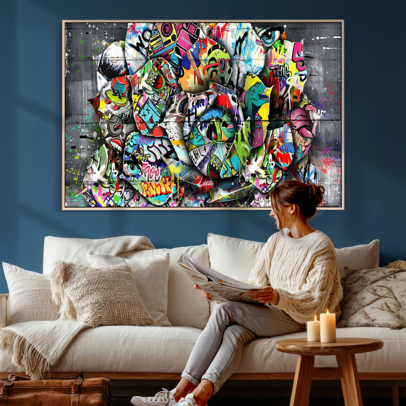 77553344-MGV-CV-36X24 - Abstract Graffiti Collage Street Art Wall Art Canvas Print, Colorful Urban Pop Art Canvas Print, Modern Graffiti Patchwork Contemporary Art Printing