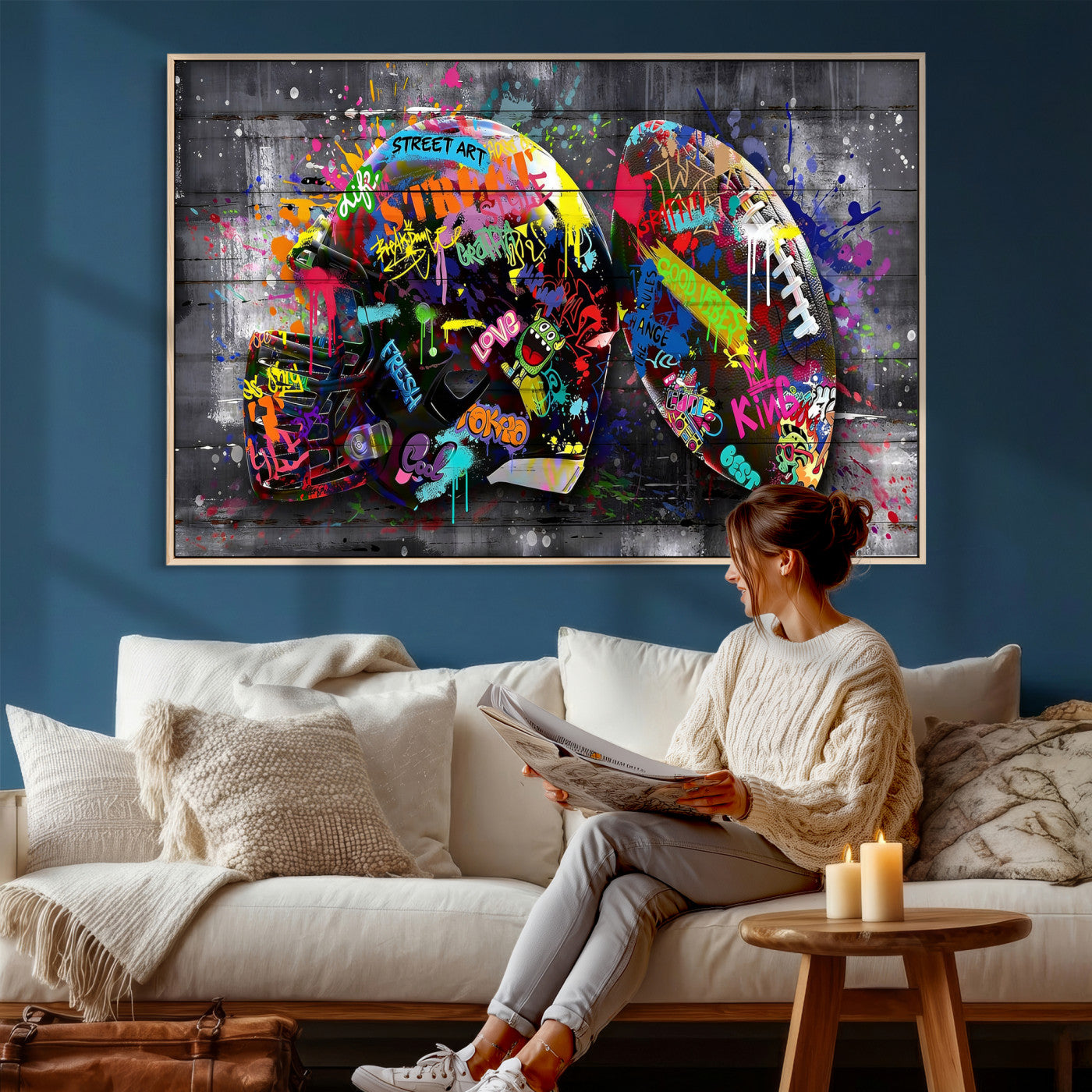 80540773-MGV-CV-36X24 - Graffiti American Football Helmet Street Art Wall Art Canvas Print, Urban Sports Pop Art Football Canvas Print, Colorful Graffiti Sports Contemporary Art Printing