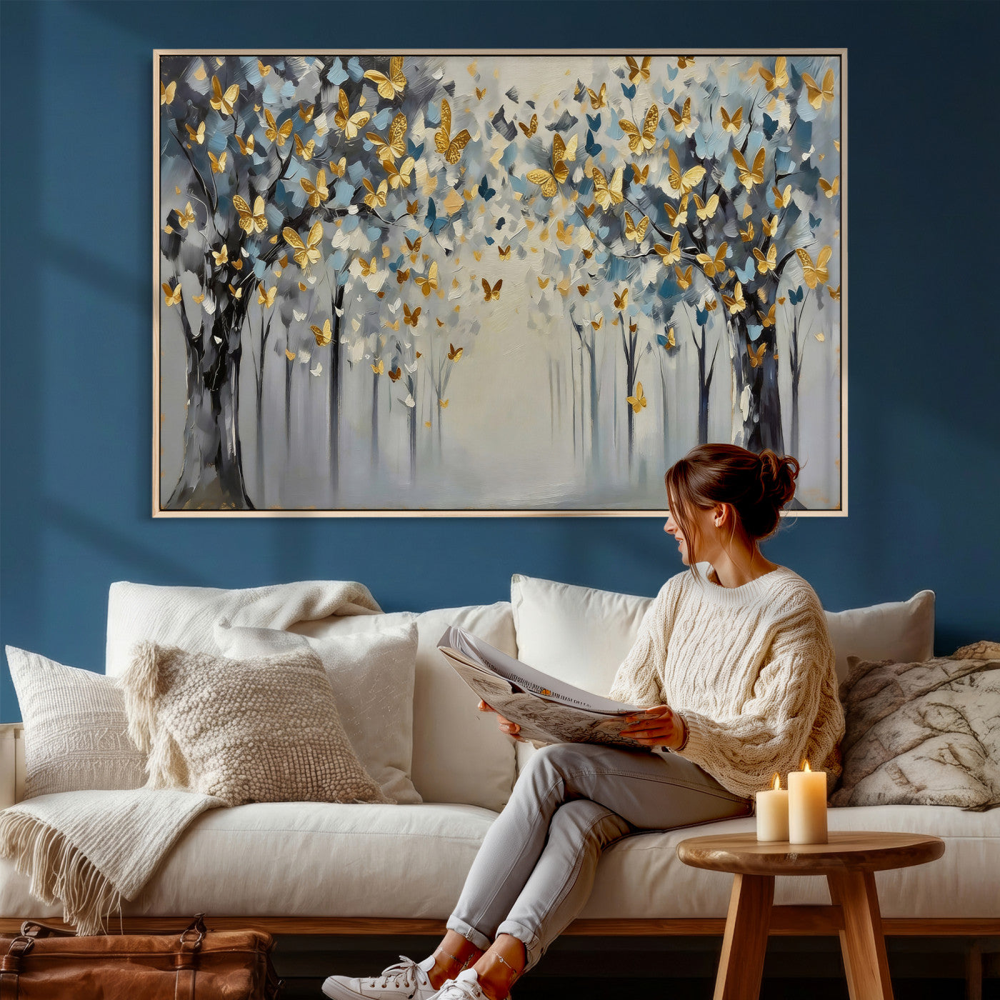 79208191-MGV-CV-36X24 - Golden Butterfly Tree Abstract Wall Art Canvas Print, Modern Elegant Nature Painting Canvas Print, Blue Gold Contemporary Floral Art Printing