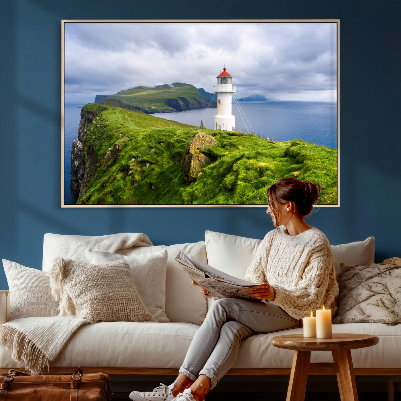 10680390-MGV-CV-36X24 - Coastal Lighthouse Wall Art Canvas Print, Cliffside Ocean Landscape Canvas Print, Scandinavian Coastal Decor for Living Room