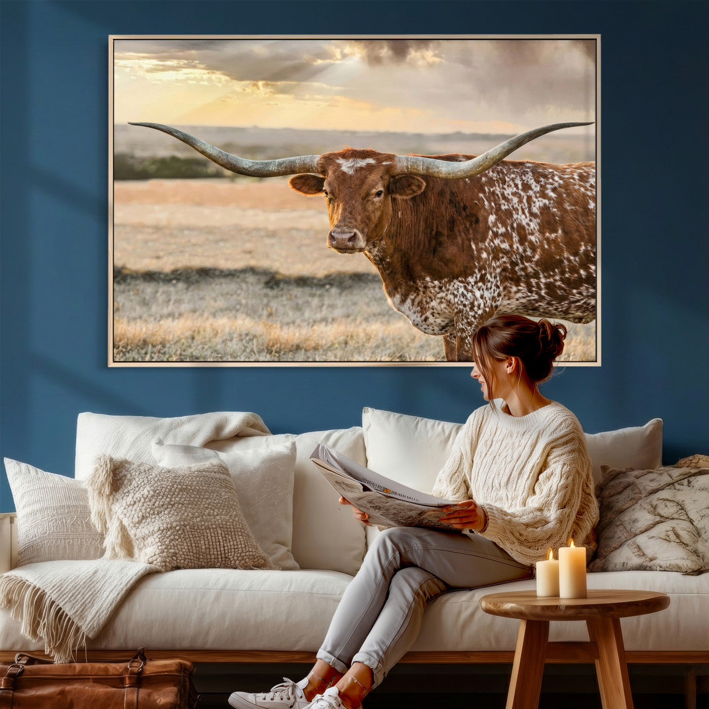 16502384-MGV-CV-36X24 - Texas Longhorn Wall Art Canvas Print, Western Ranch Bull Photography Canvas Print, Rustic Farmhouse Cattle Artwork for Living Room Decor