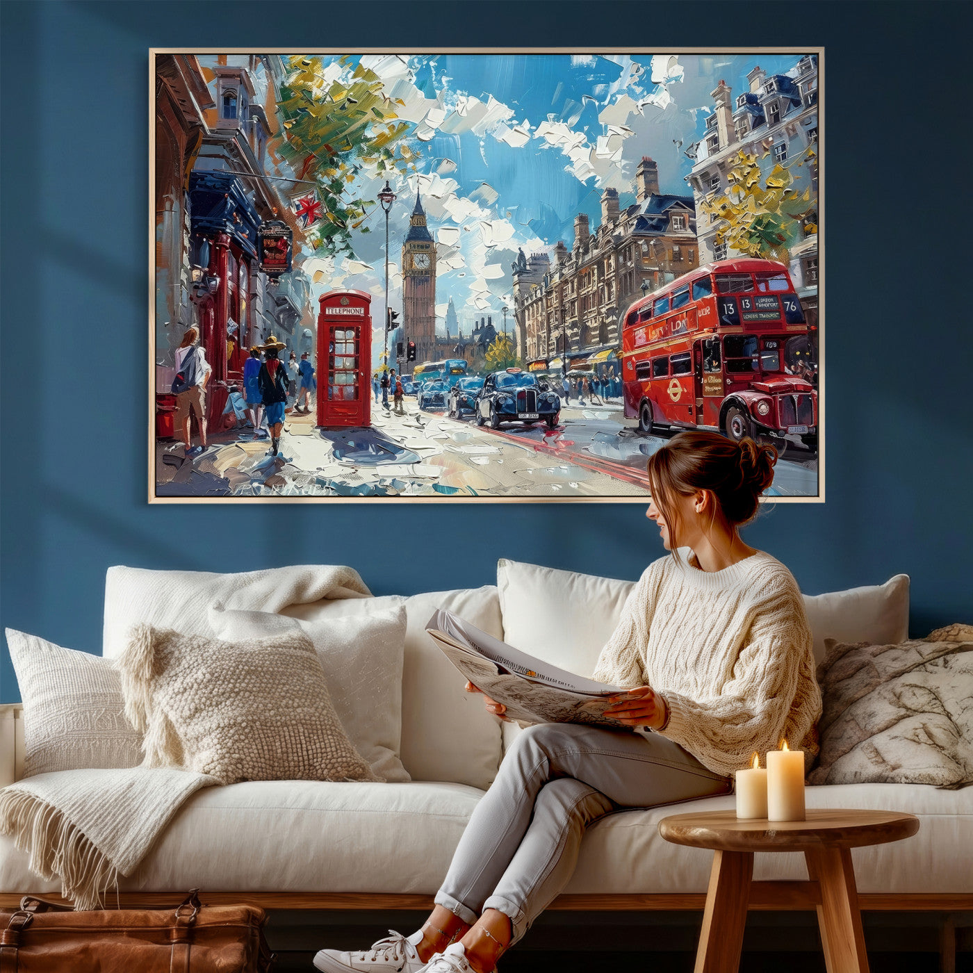 17630888-MGV-CV-36X24 - Modern London City Street Wall Art Canvas Print, Big Ben & Red Bus Artwork Canvas Print