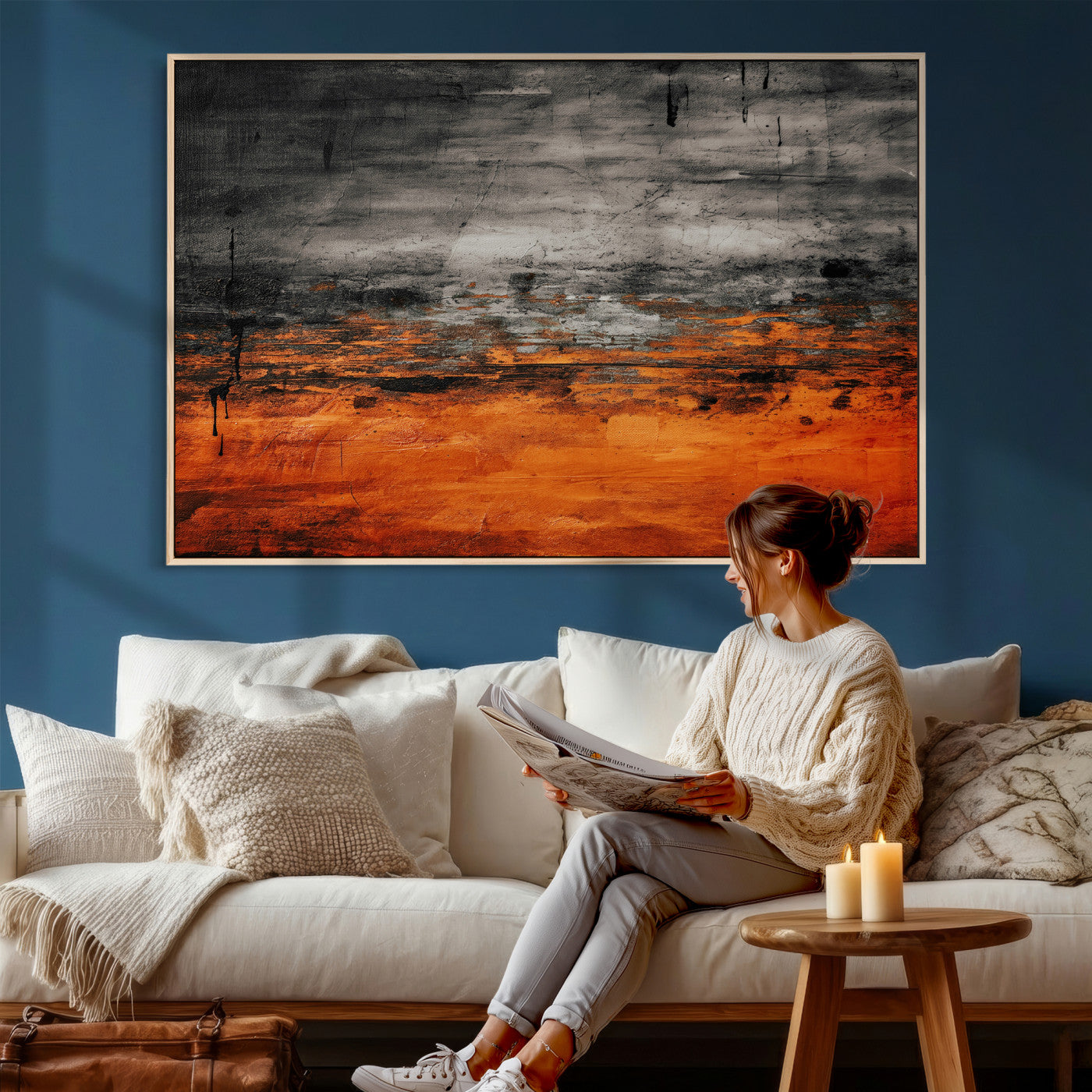 75409282-MGV-CV-36X24 - Black Orange Abstract Wall Art Canvas Print Modern Textured Painting Decor