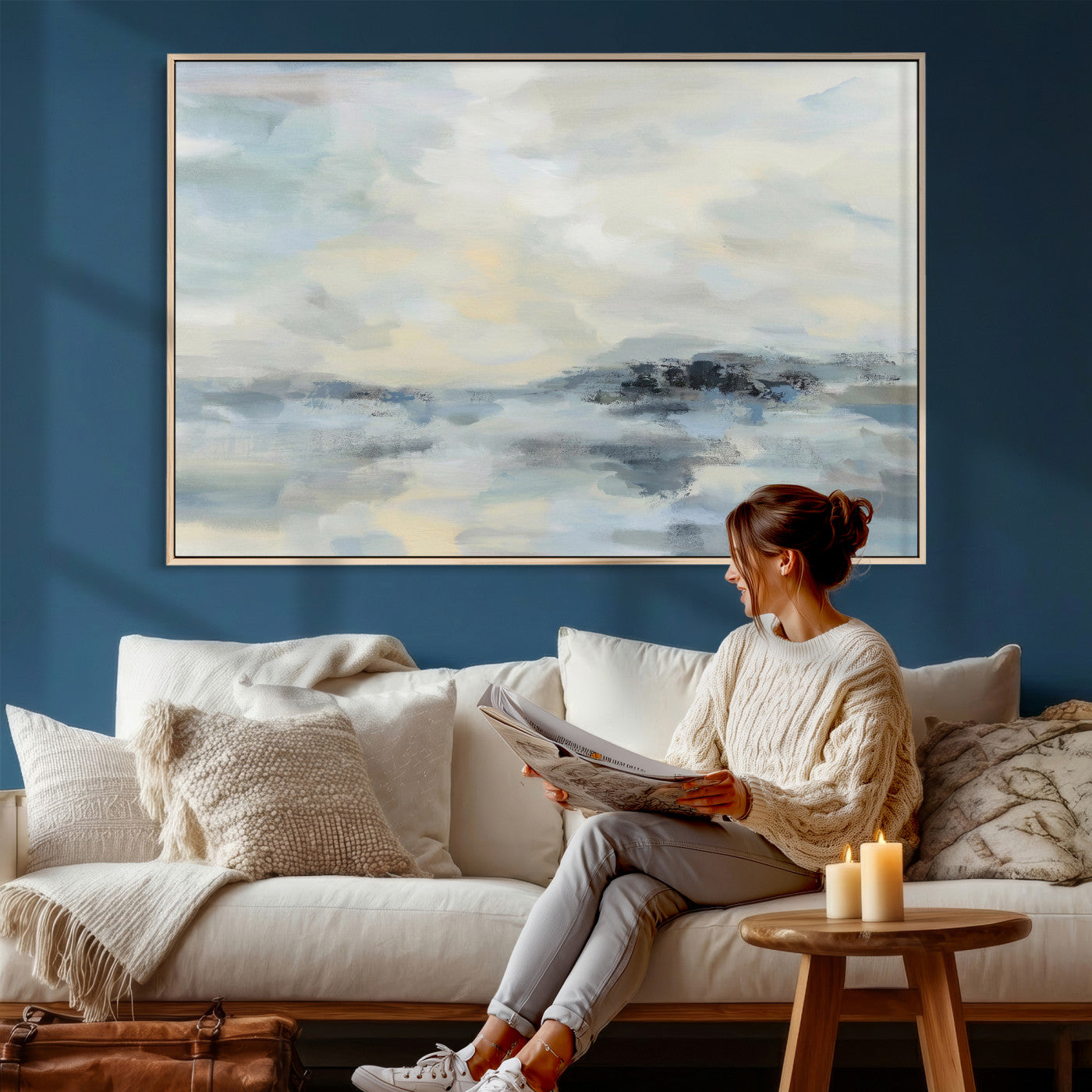 24647355-MGV-CV-36X24 - Abstract Coastal Landscape Wall Art Canvas Print – Soft Blue Gray Minimalist Painting