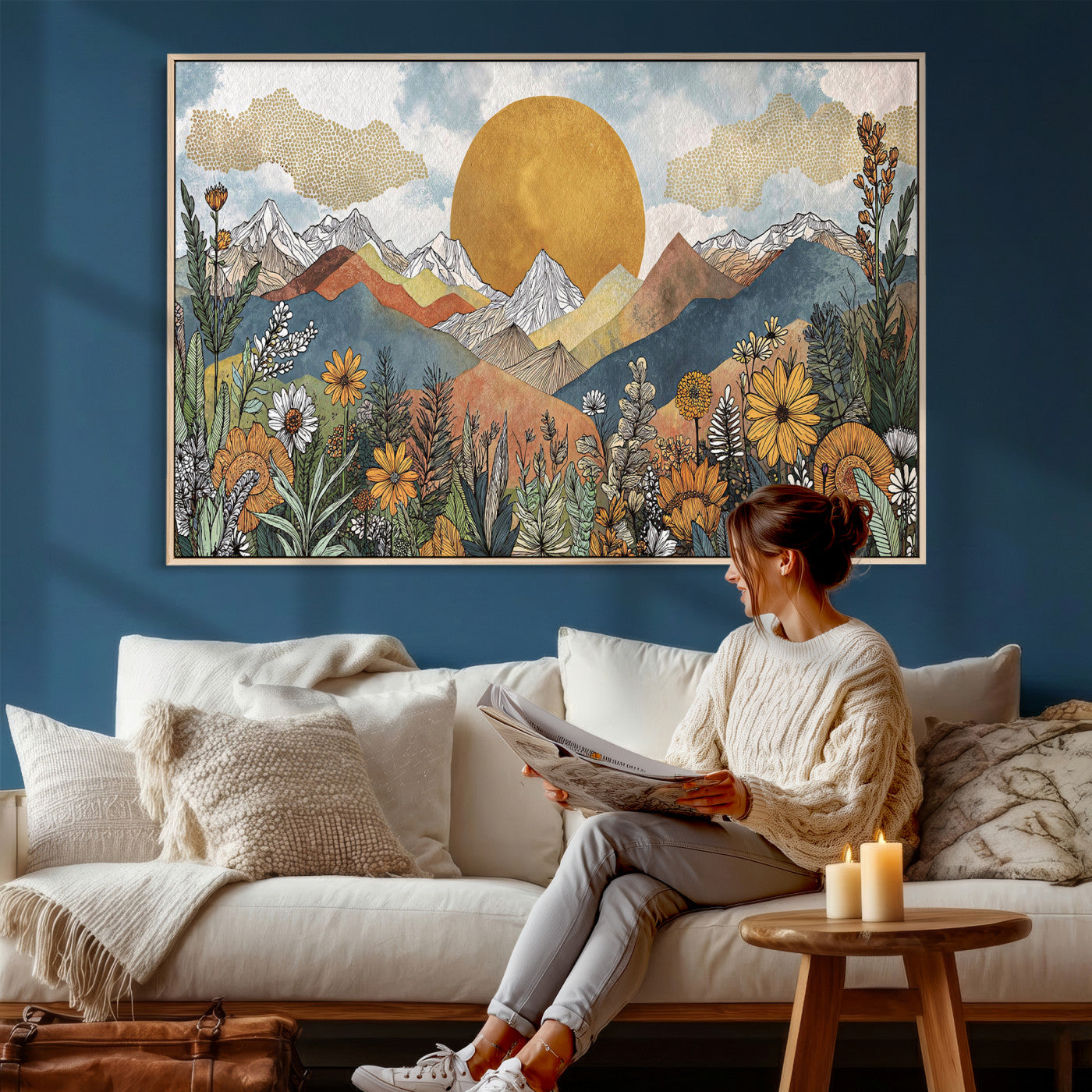 17540863-MGV-CV-36X24 - Boho Mountain Landscape Large Wall Art, Horizontal Gold Framed Canvas Print with Sun and Flowers