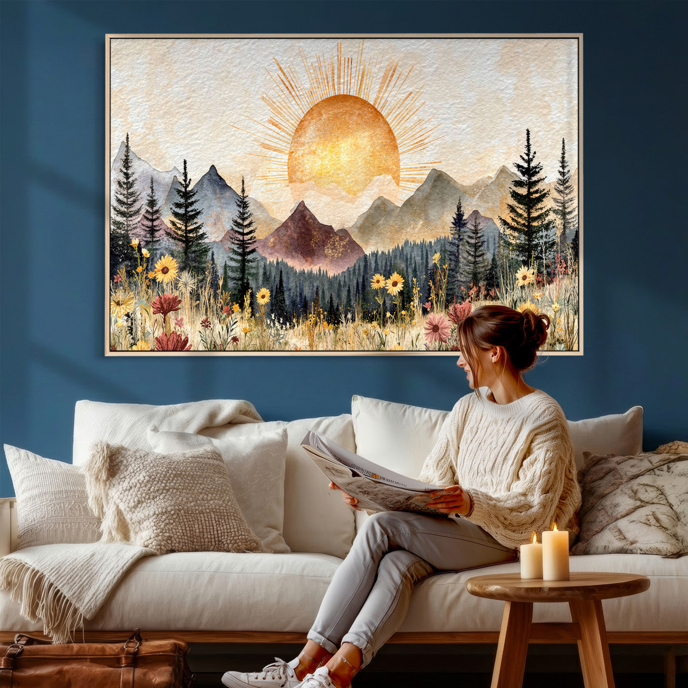 69025244-MGV-CV-36X24 - Boho Mountain Landscape Large Wall Art, Horizontal Gold Framed Canvas Print with Sun and Flowers