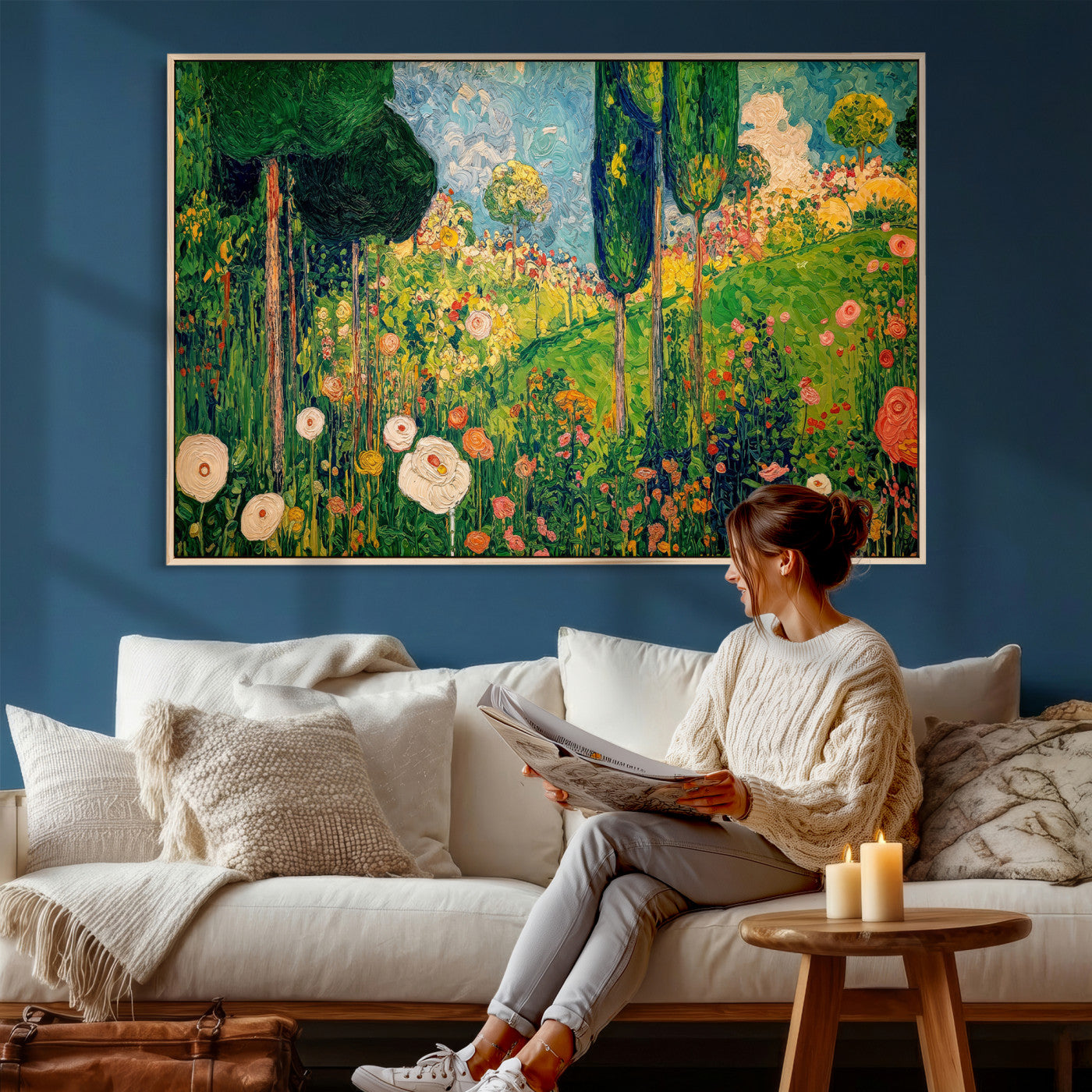 83517974-MGV-CV-36X24 - Gustav Klimt Boho Mountain Landscape Large Wall Art, Horizontal Gold Framed Canvas Print with Sun and Flowers