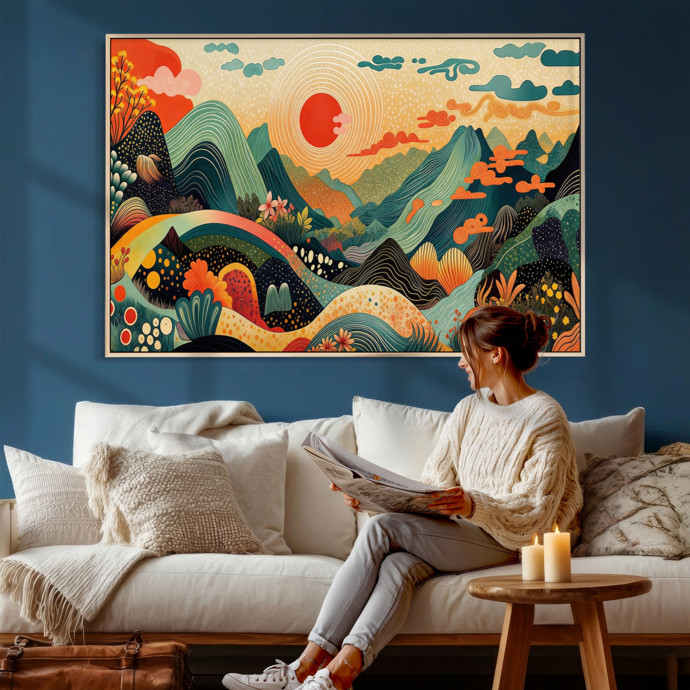 29927191-MGV-CV-36X24 - Yayoi Kusama Boho Mountain Landscape Large Wall Art, Horizontal Gold Framed Canvas Print with Sun and Flowers