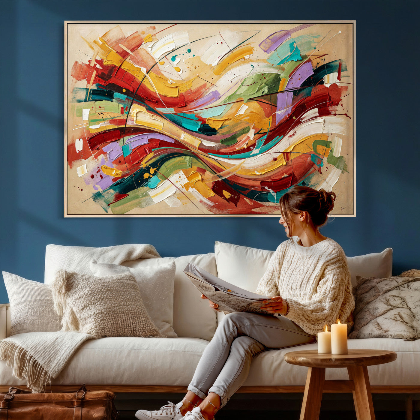 39887645-MGV-CV-36X24 - Geometric Abstract Wall Art Canvas Print, Orange Blue Abstract Expressionist Painting Print, Modern Geometric Abstract Canvas Art