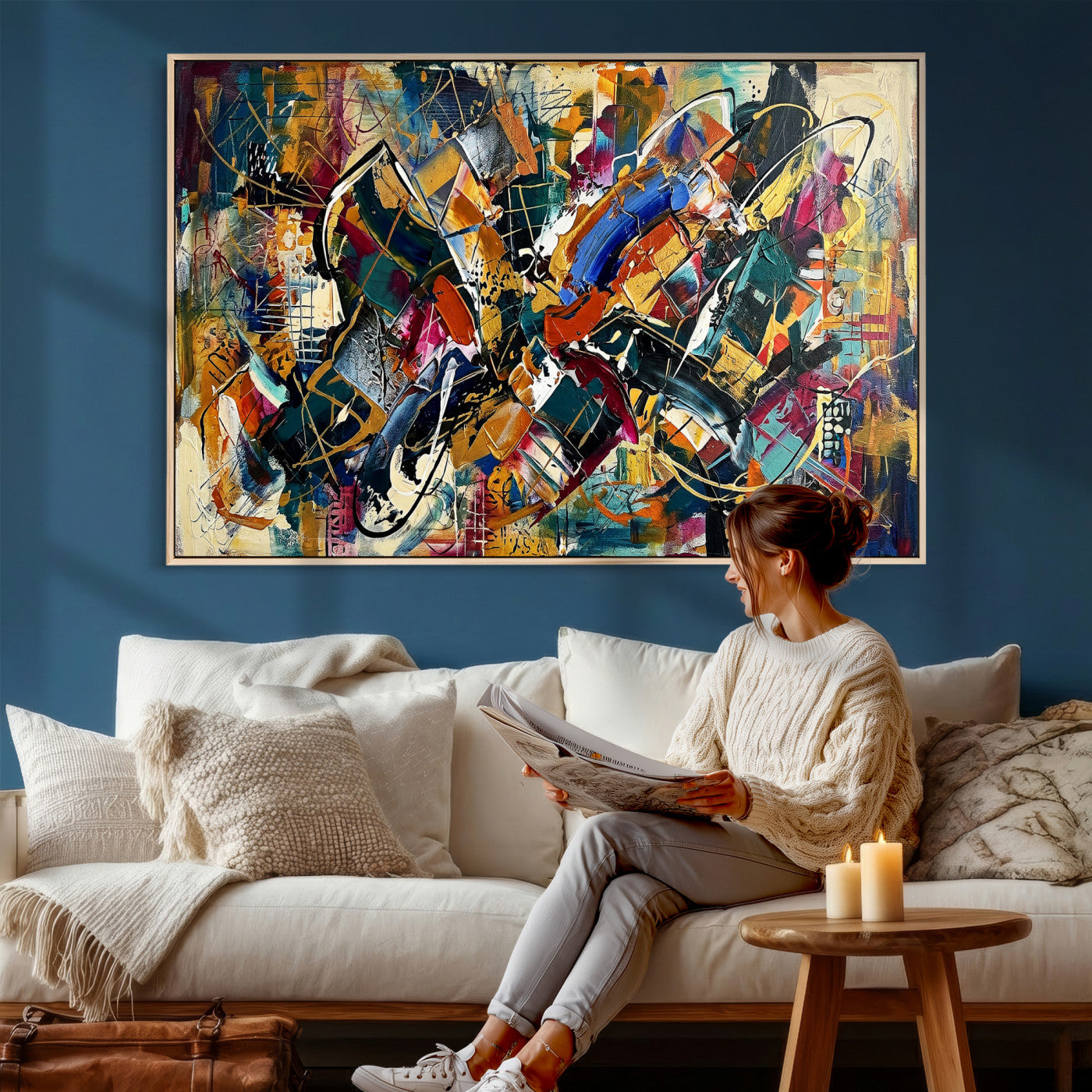 15525527-MGV-CV-36X24 - Geometric Abstract Wall Art Canvas Print, Orange Blue Abstract Expressionist Painting Print, Modern Geometric Abstract Canvas Art