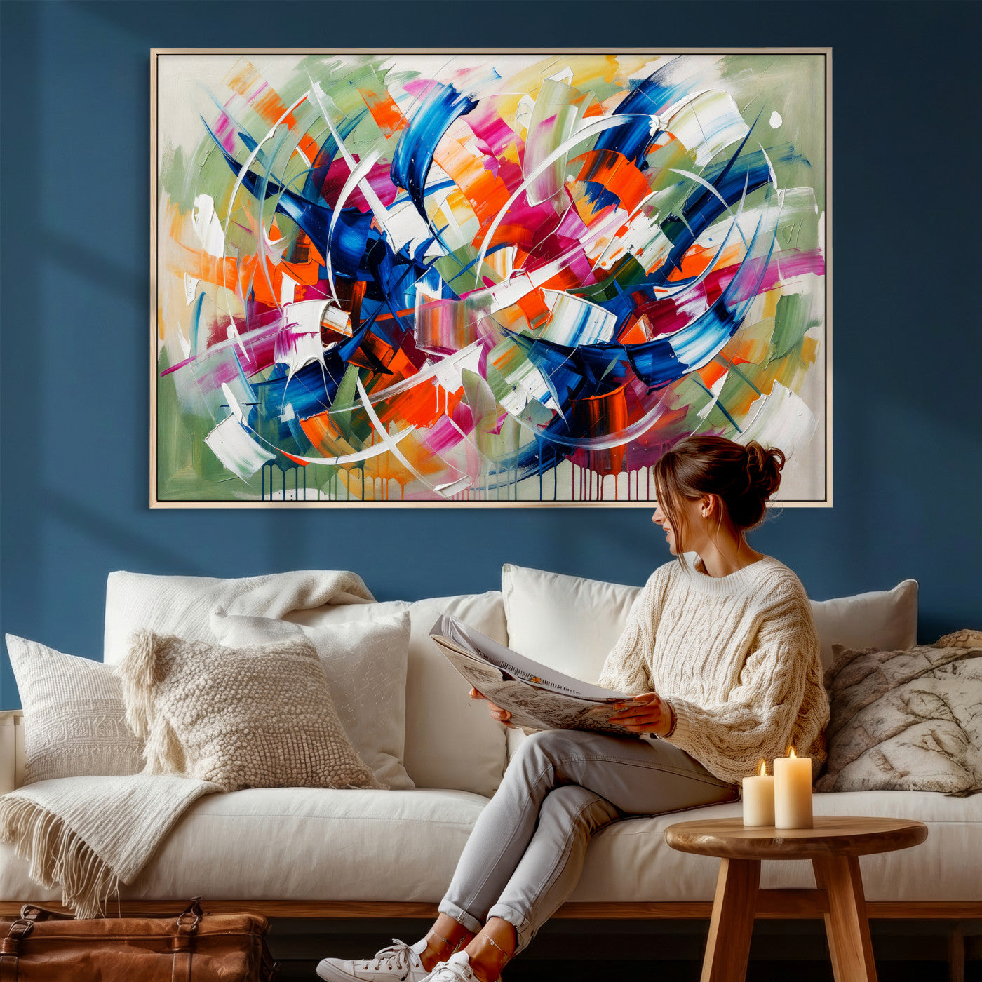 15032888-MGV-CV-36X24 - Geometric Abstract Wall Art Canvas Print, Orange Blue Abstract Expressionist Painting Print, Modern Geometric Abstract Canvas Art