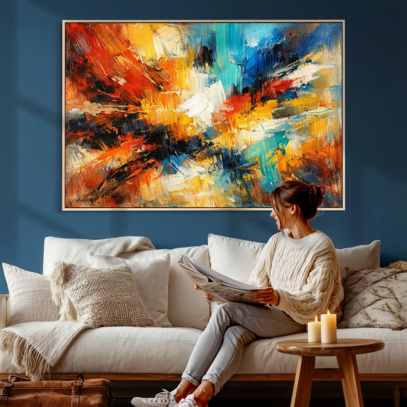 93167583-MGV-CV-36X24 - Geometric Abstract Wall Art Canvas Print, Orange Blue Abstract Expressionist Painting Print, Modern Geometric Abstract Canvas Art