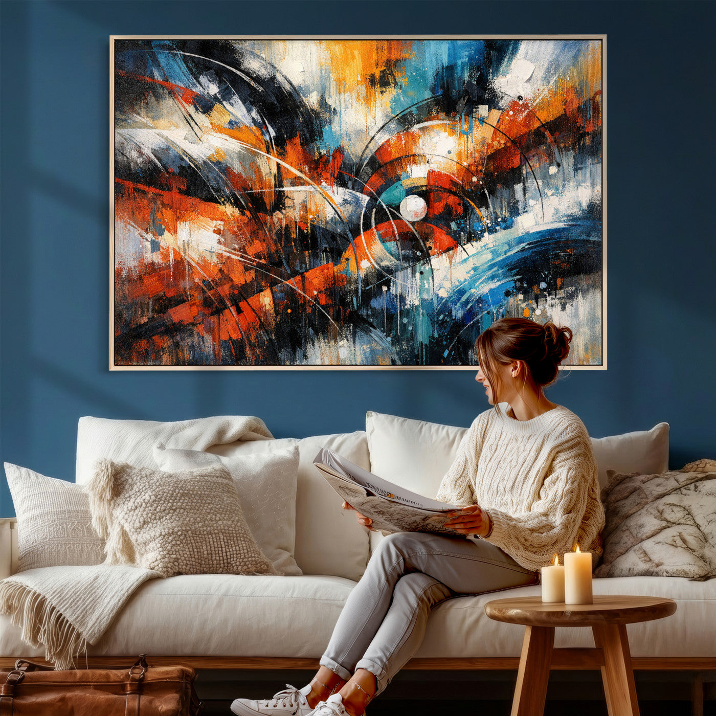 47120691-MGV-CV-36X24 - Geometric Abstract Wall Art Canvas Print, Orange Blue Abstract Expressionist Painting Print, Modern Geometric Abstract Canvas Art