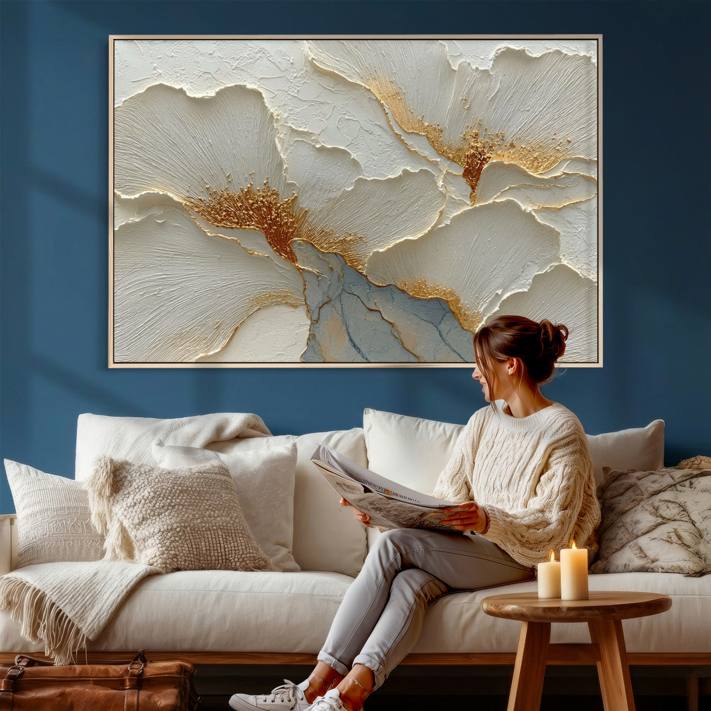 4712069F1-MGV-CV-36X24 - White Gold Floral Canvas Wall Art — Textured Flower Print | Luxury Botanical Decor | Elegant Bedroom Art | Gold Leaf Wall Art Gift