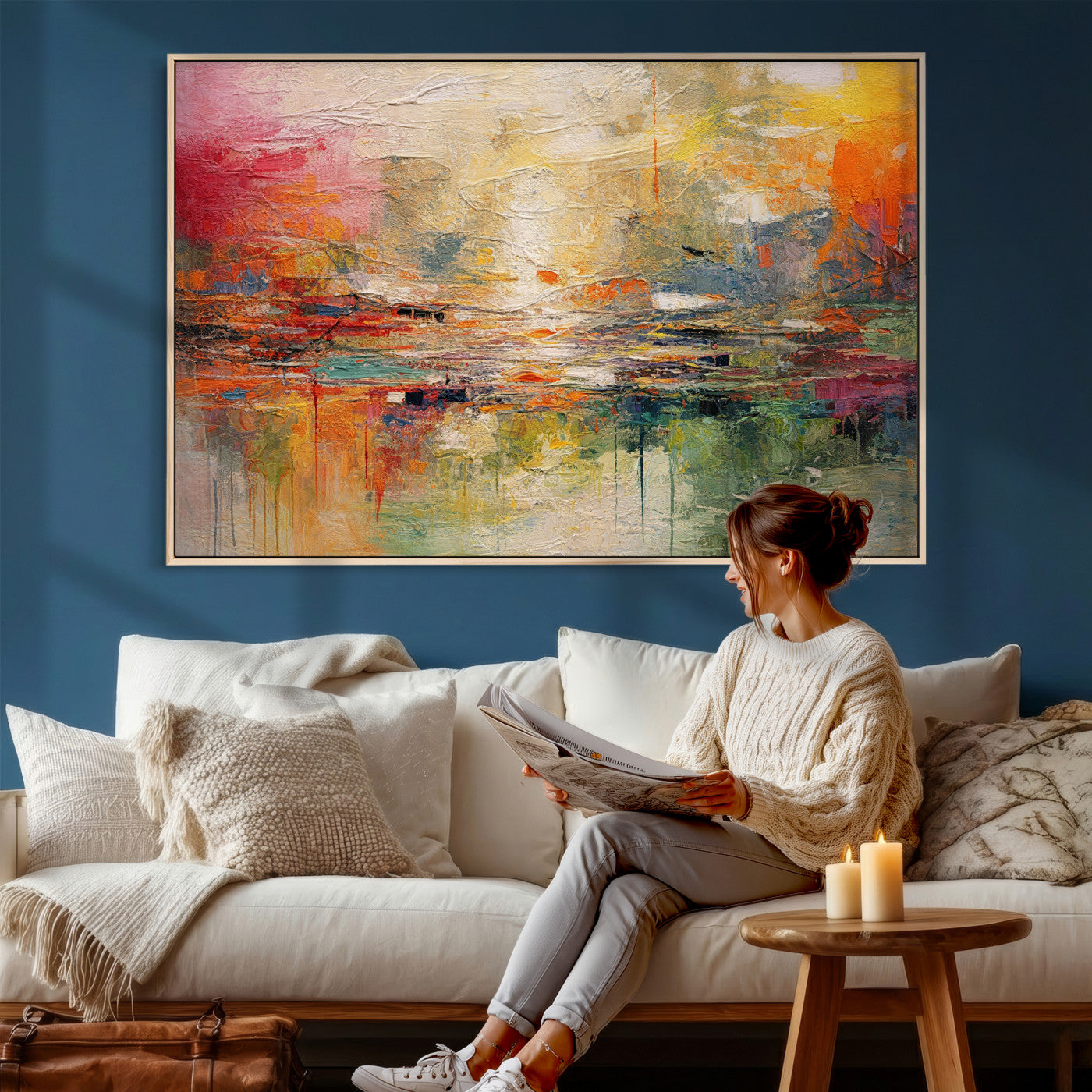 4712069P1-MGV-CV-36X24 - Colorful Abstract Canvas Wall Art — Large Textured Oil Painting Style Print | Orange Red Boho Wall Decor | Modern Living Room Art | Bold Wall Art