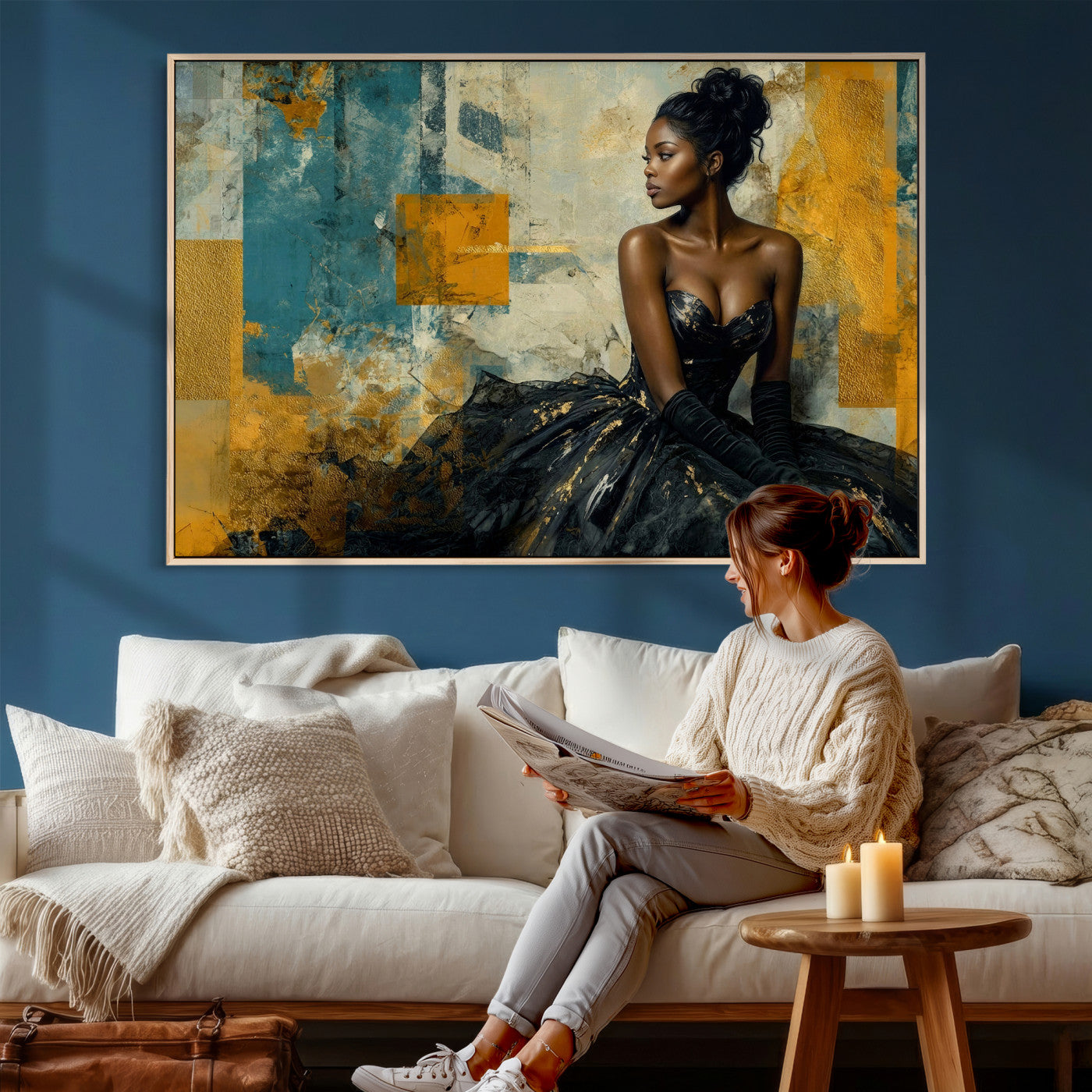 4712069Z21-MGV-CV-36X24 - Elegant Woman Canvas Wall Art — Black Gold Gown Fashion Print | Luxury Glam Wall Decor | African American Art | Bold Bedroom Wall Art Gift