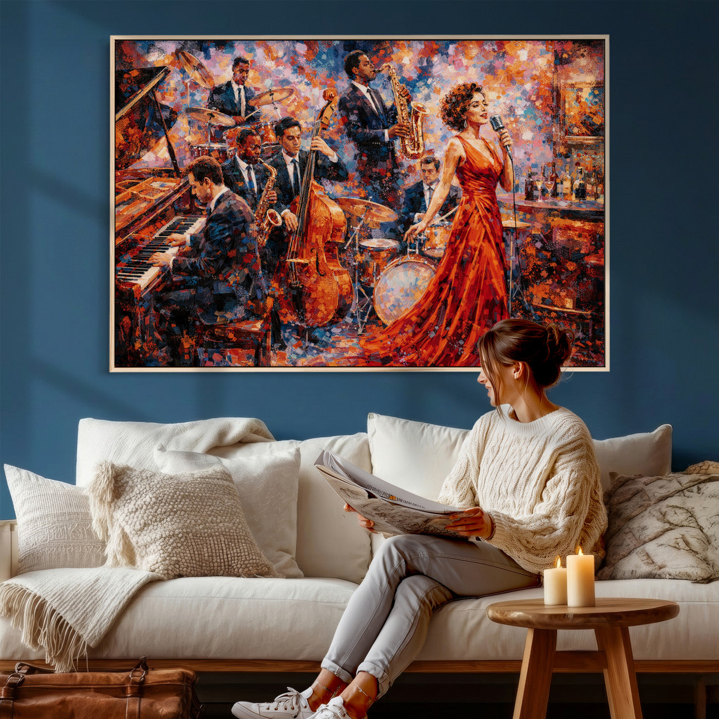 620930SF20-MGV-CV-36X24 - Jazz Band Canvas Wall Art — Jazz Club Singer Saxophone Print | Music Wall Decor | Bar Restaurant Art | Music Lover Gift | Jazz Home Decor