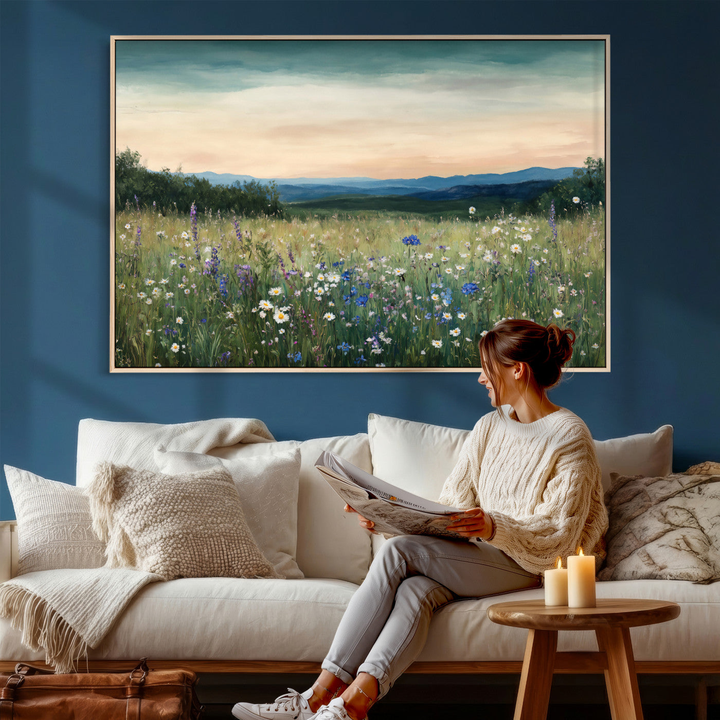 35773805-MGV-CV-36X24 - Wildflower Meadow Oil Painting Canvas — Daisy Lavender Mountain Sunset Print | Cottagecore Floral Wall Art | Bedroom Decor Gift for Her